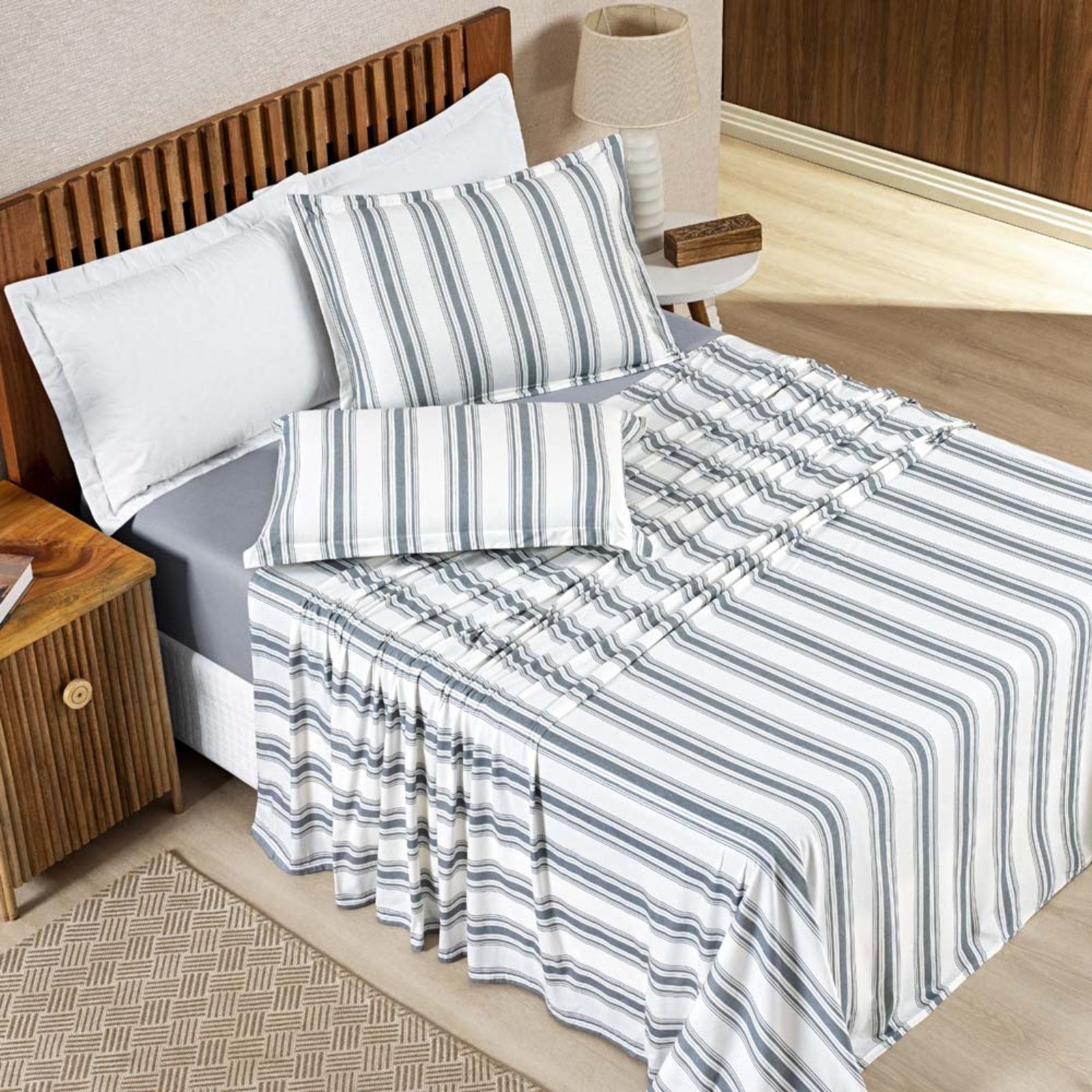 Jogo Cama Lençol Casa Scarpa Daily Queen Malha Algodão Listrado 4 Peças - Cinza