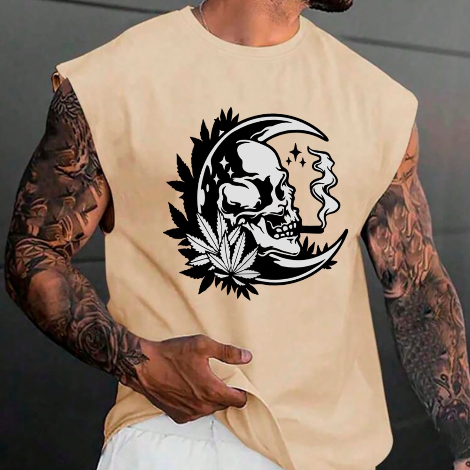 Camiseta Regata Machão Ousy Caveira e Lua Oversized Masculina Off White