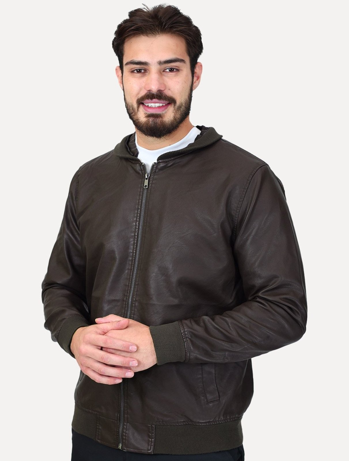 Jaqueta Dixen PU Bomber Capuz Zíper Frontal Marron