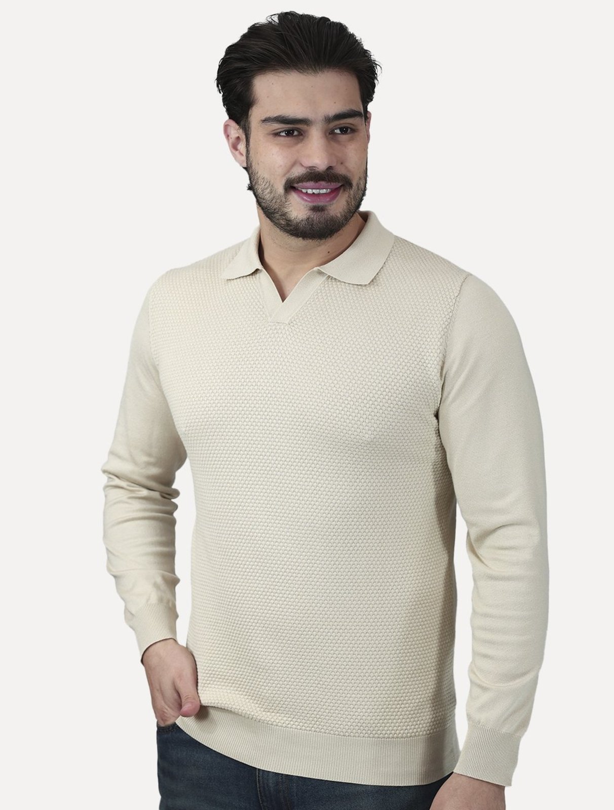 Camiseta Dixen Masculina Tricot Manga Longa Jacquard Seamless Cáqui