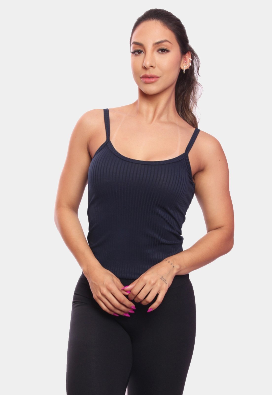 Regata de Alcinha Canelada Feminina Lisa Blusa Blusinha Básica Treino Academia Azul Marinho