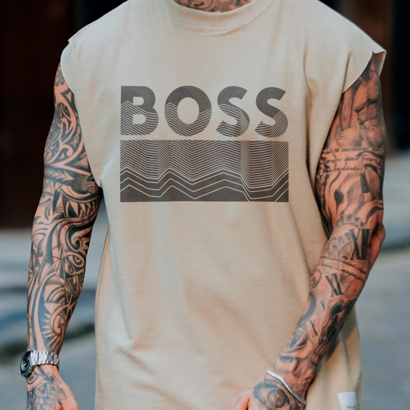 Camiseta Regata Machão Boss Urban Street Style Fashion Premium Off White
