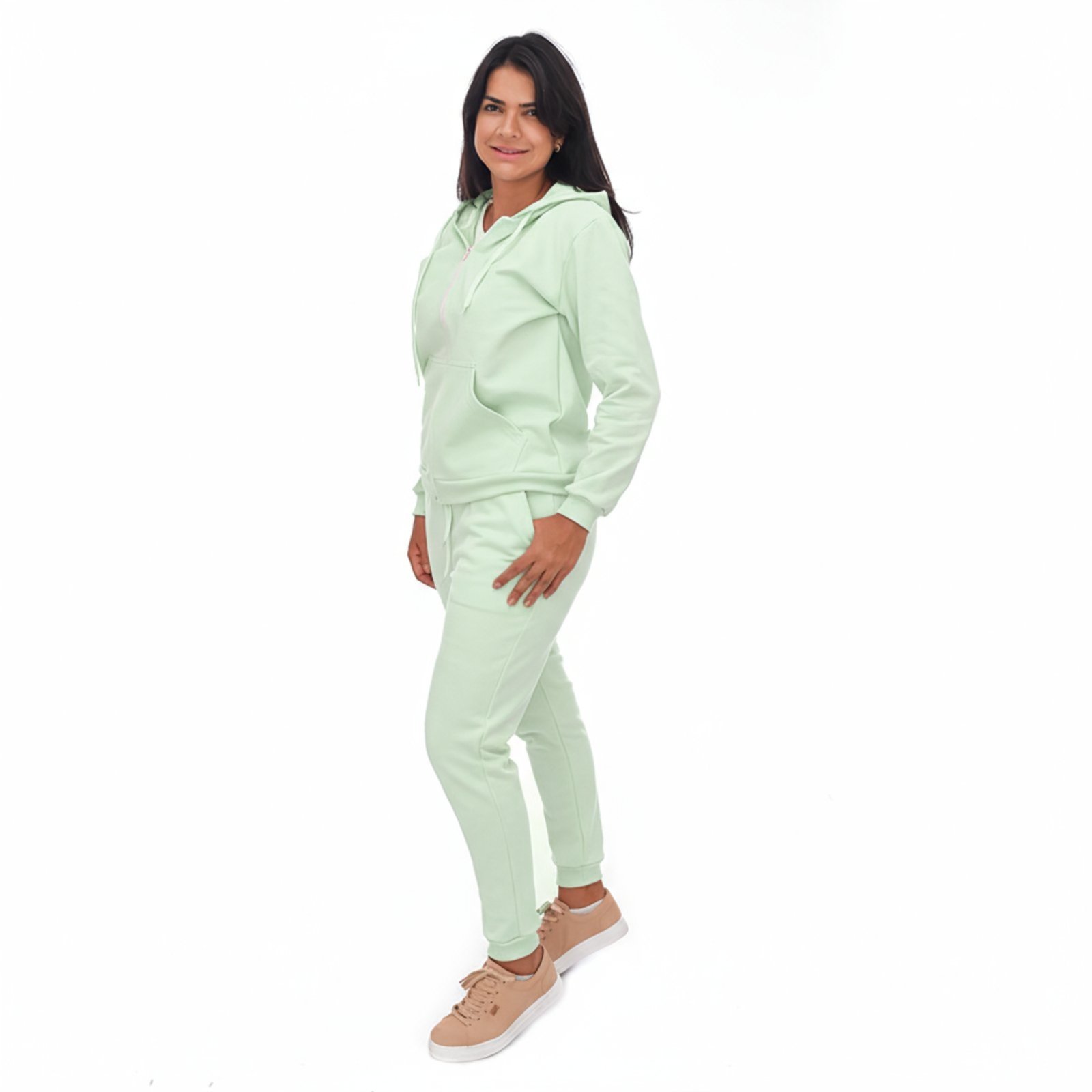 Conjunto Em Moletom Blusa Com Zíper e Capuz Jaqueta E Calça Estilo Jogger Adulto Verde Claro Aliarthe