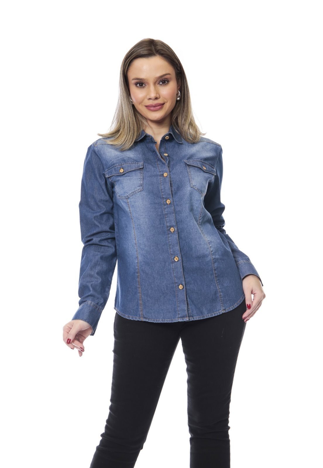 Camisa Jeans Manga Longa Feminina Crocker