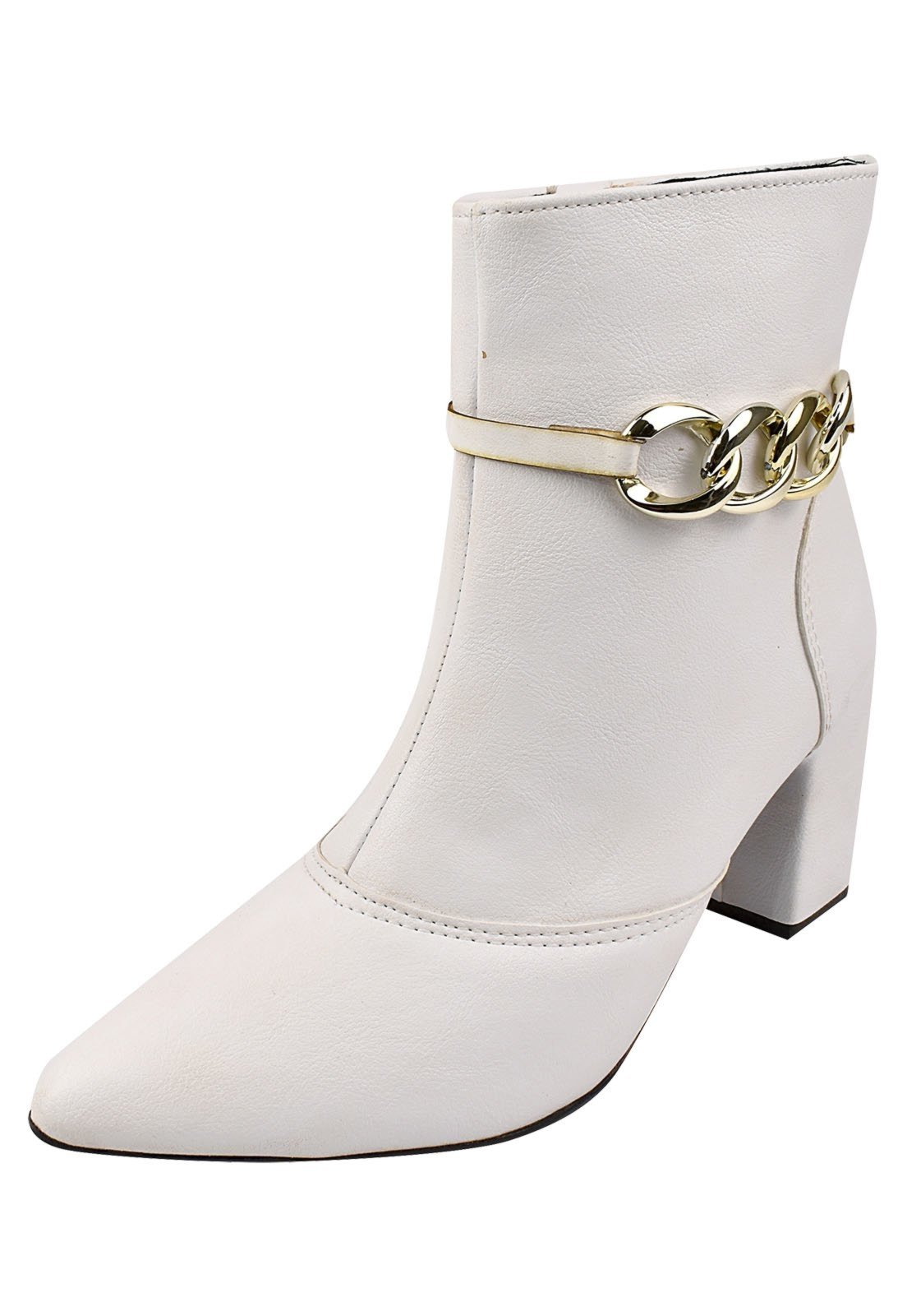 Bota Cano Curto ROSA CHIC CALÇADOS Bico Fino Salto Baixo Coturno Zíper Feminino Enfeite Removível Corrente Branco