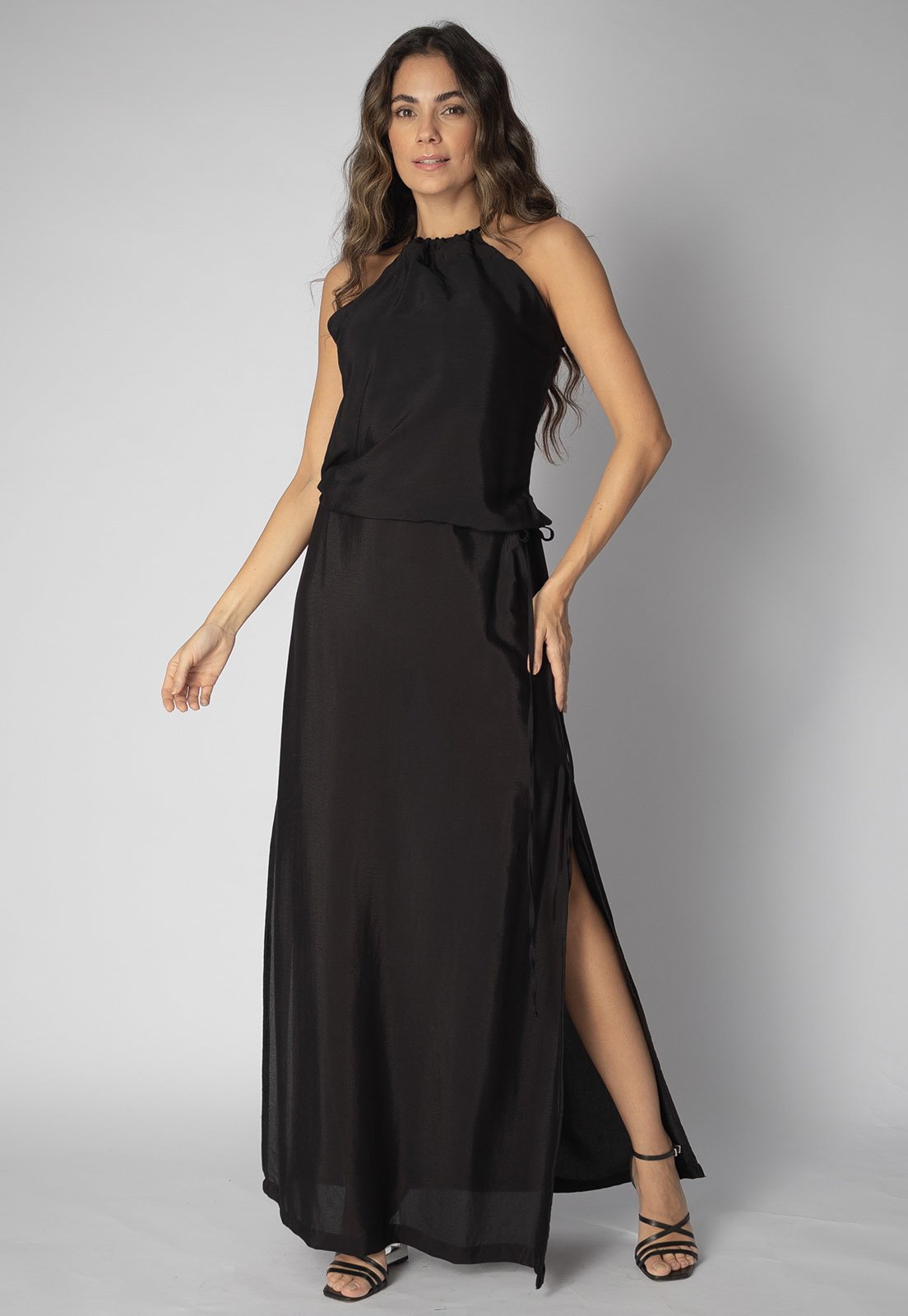 Vestido Longo Amazonia Vital com Amarração na Cintura Preto