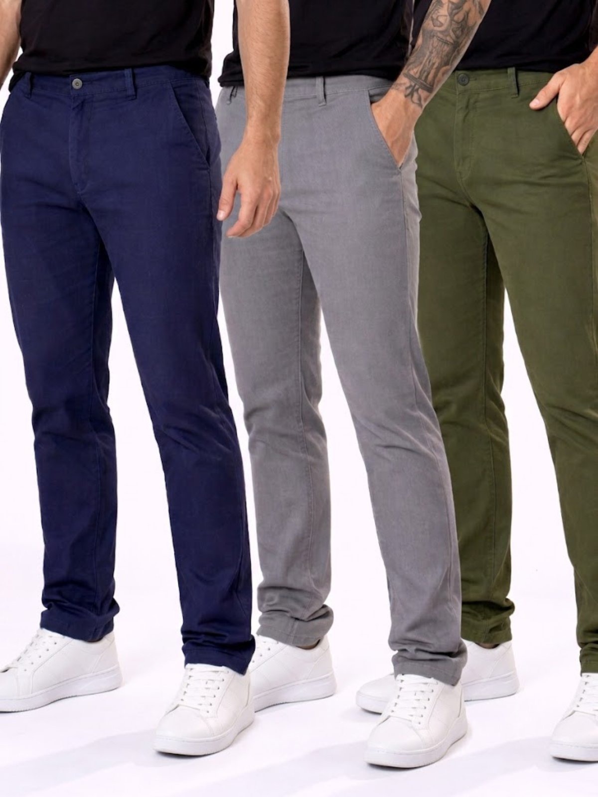 Kit 3 Calças Sarja Masculina Skinny Yellow Jeans Azul Marinho Cinza e Verde