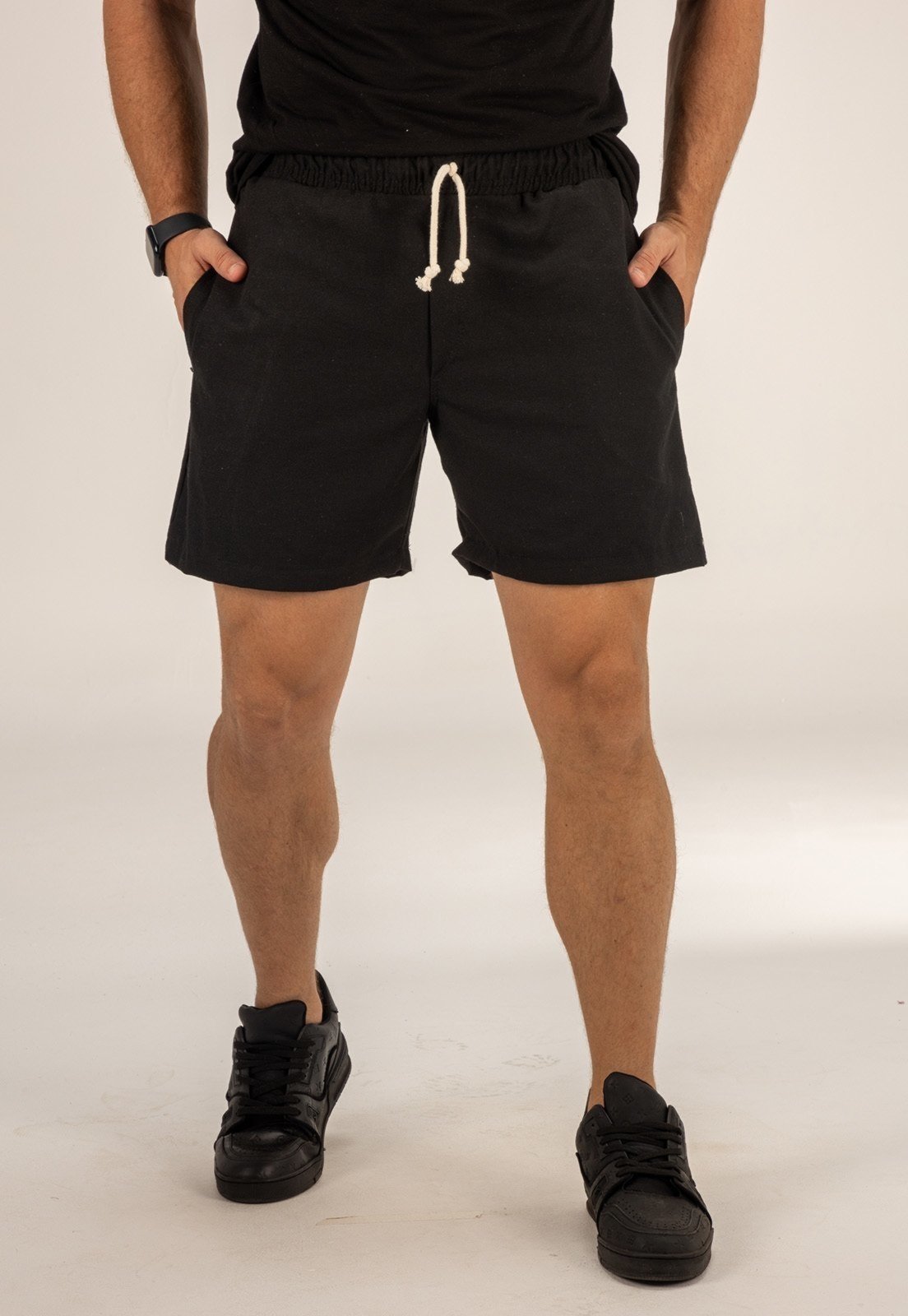 Short Linho Masculino Premium Dulk Bermuda Mauricinho Preto com Bolso