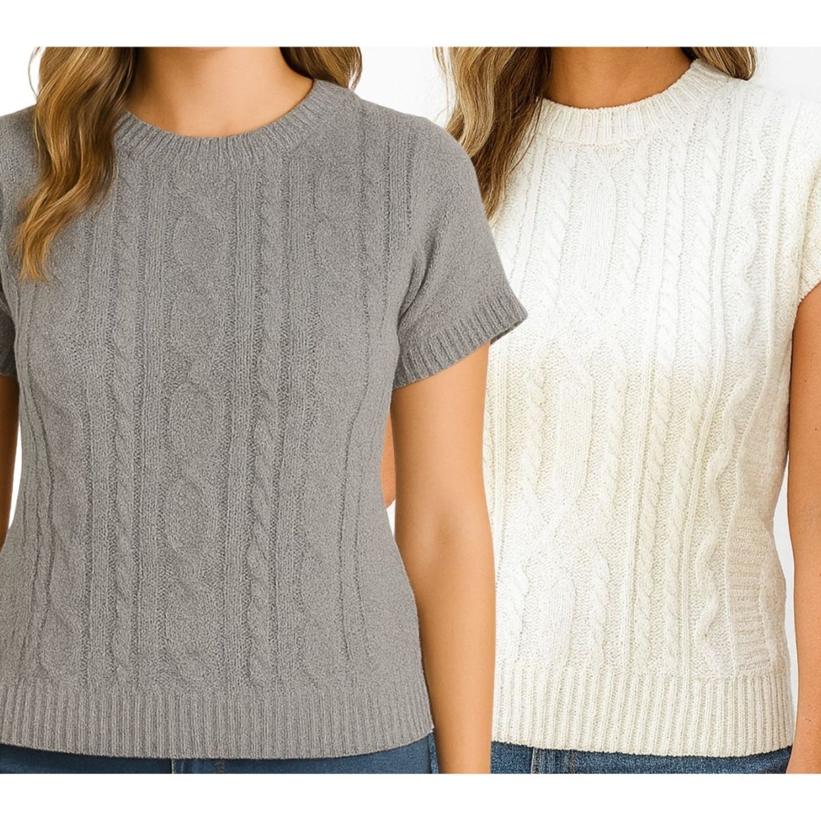 Kit 2 Blusas FMF Feminina Tricô Manga Curta Trama Casual Moderna Branco