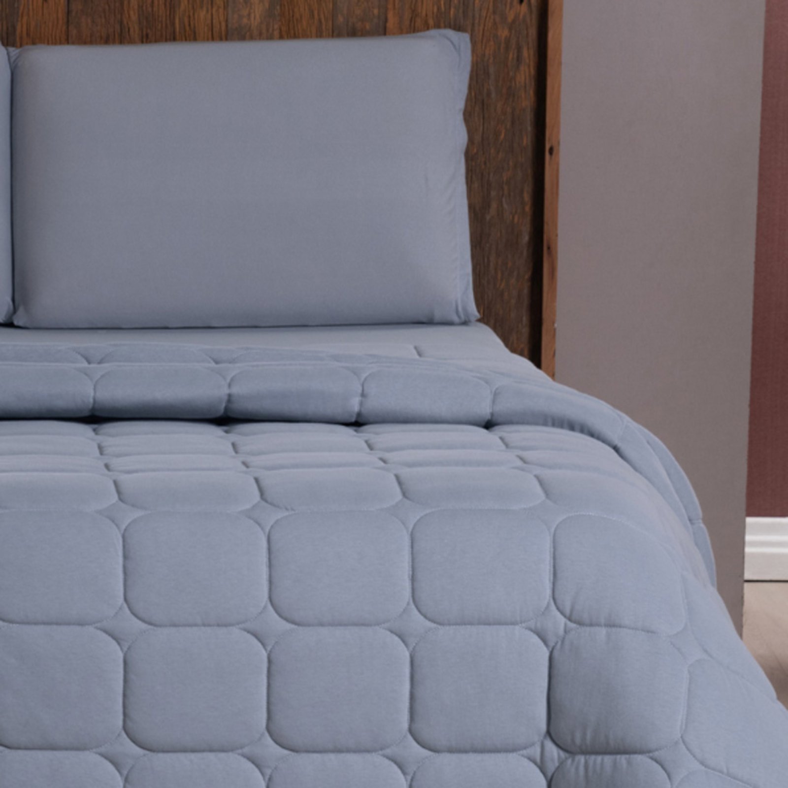 Kit Cobre Leito Colcha Casa Scarpa Livorno Solteiro Acolchoado Fofo Macio Malha Algodão 2 Peças - Cinza