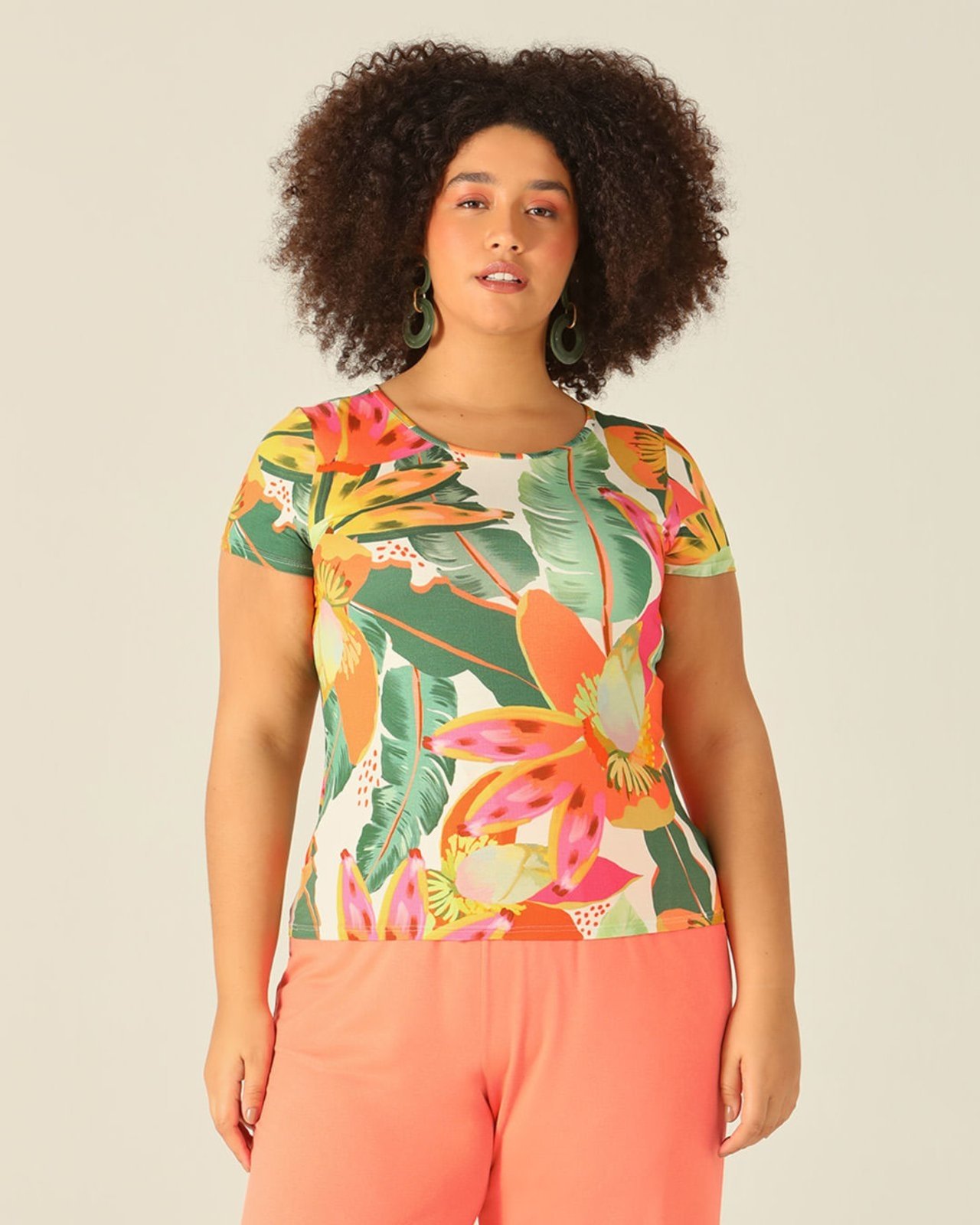 Vista 3 Blusa Feminina Plus Size Mullet Tropical Em Viscose Stretch Malwee off-white Malwee off-white