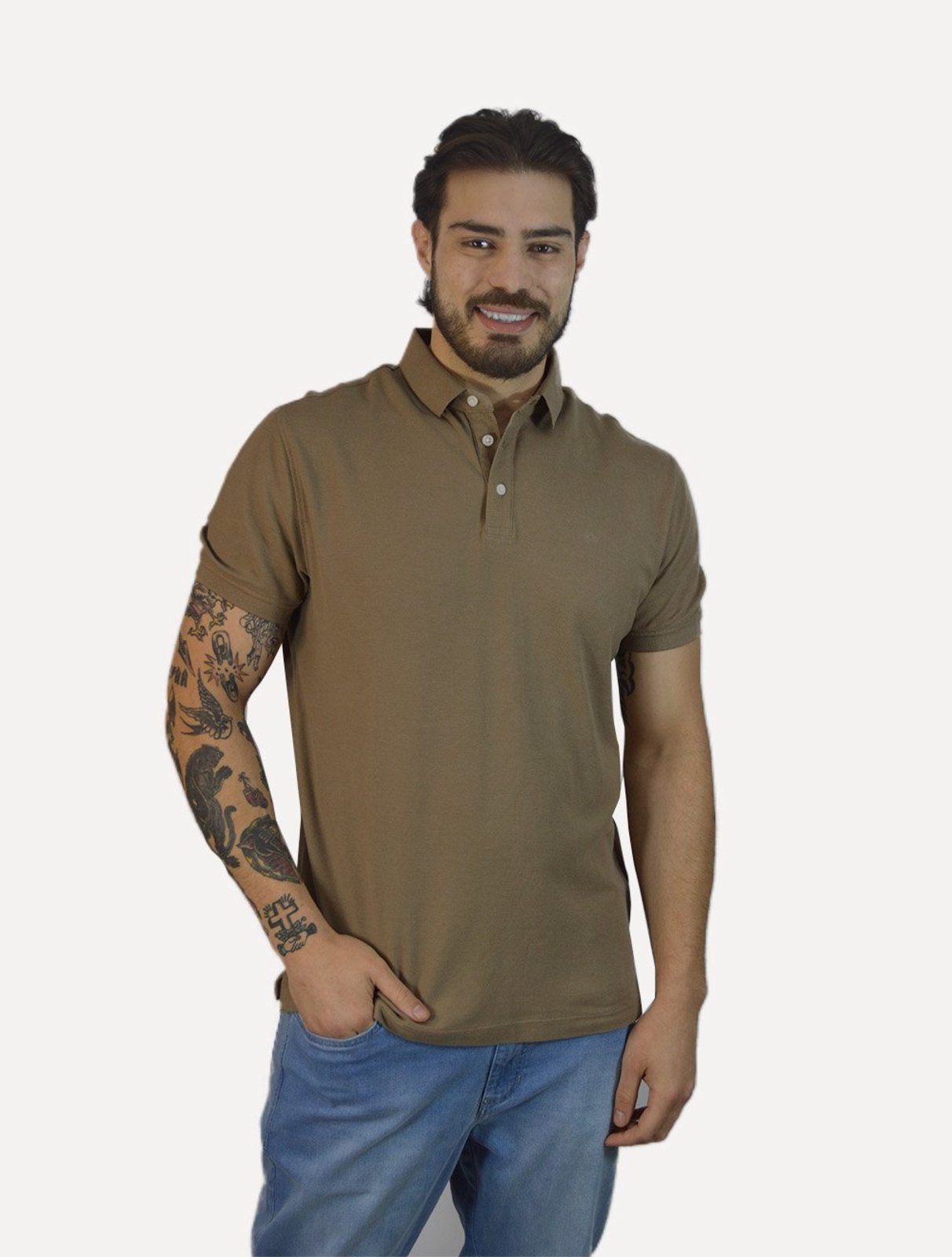 Polo Aramis Masculina Cotton Piquet Basic Mnon Logo Marrom Claro