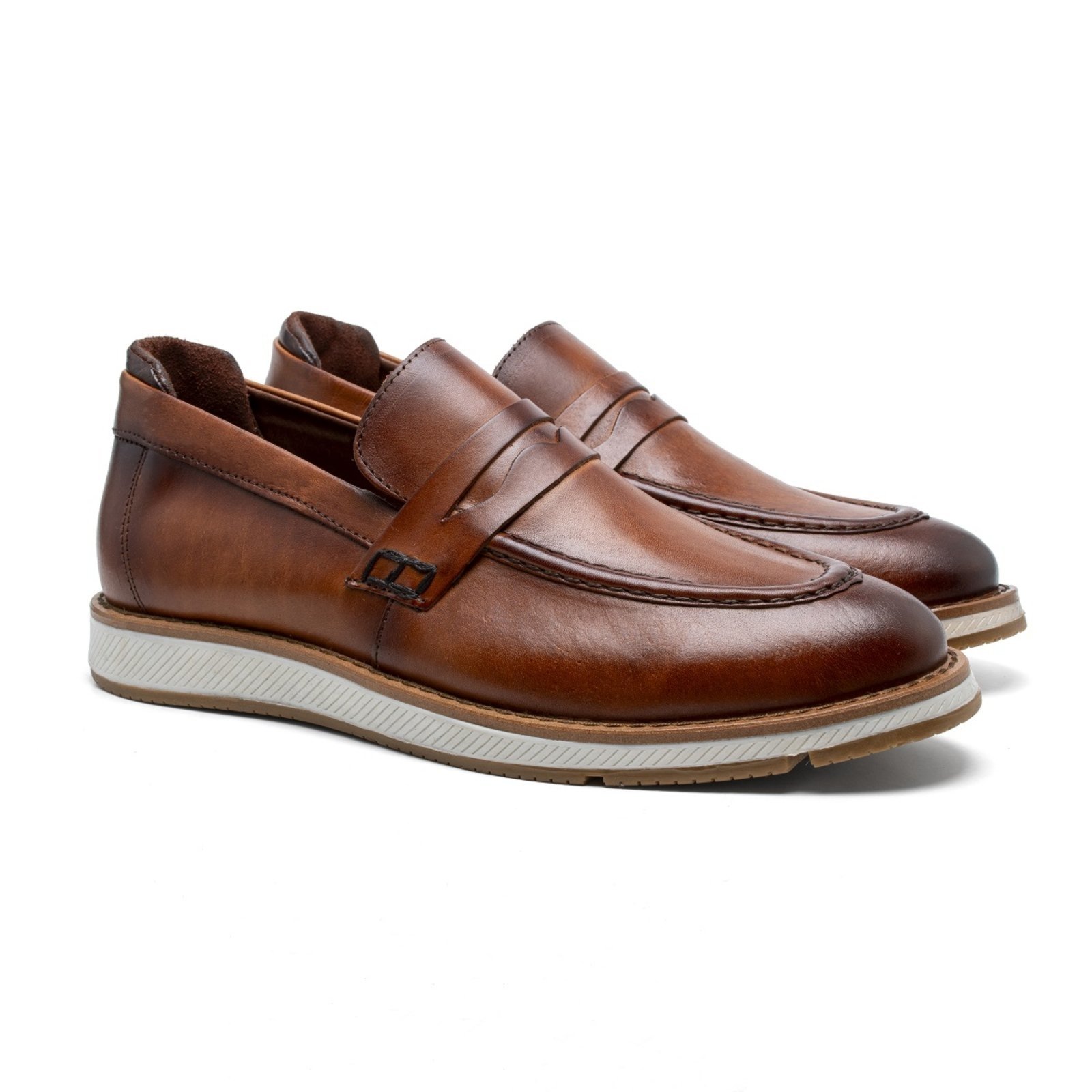 Sapato Casual Mocassim Loafer Couro Masculino Calcanheira Espumada Macio Confortável Clássico Caramelo