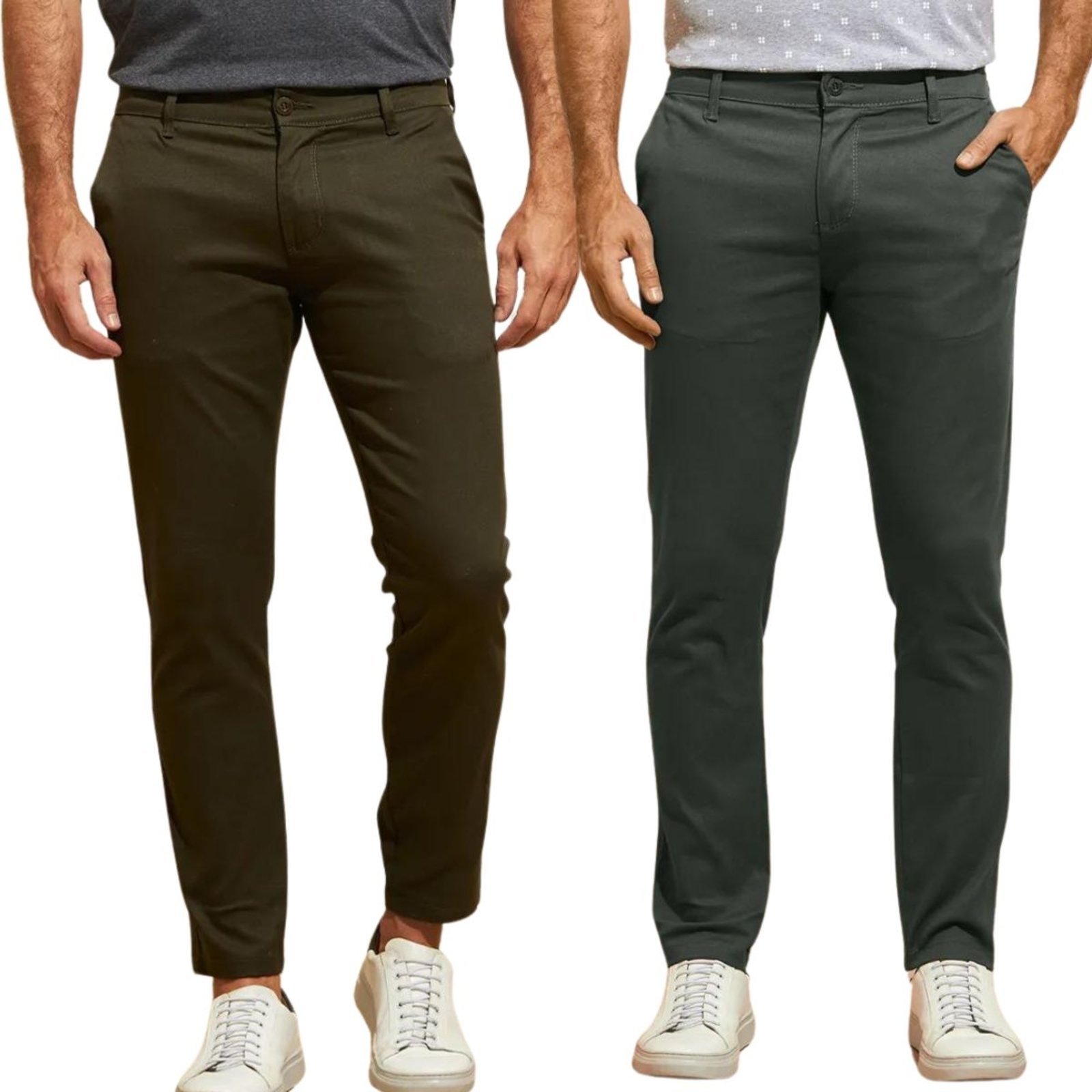 Kit 2 Calças Vih Triny de Sarja Chino Com Bolso Traseiro Embutido Alfaiataria Skinny Verde Militar e Cinza