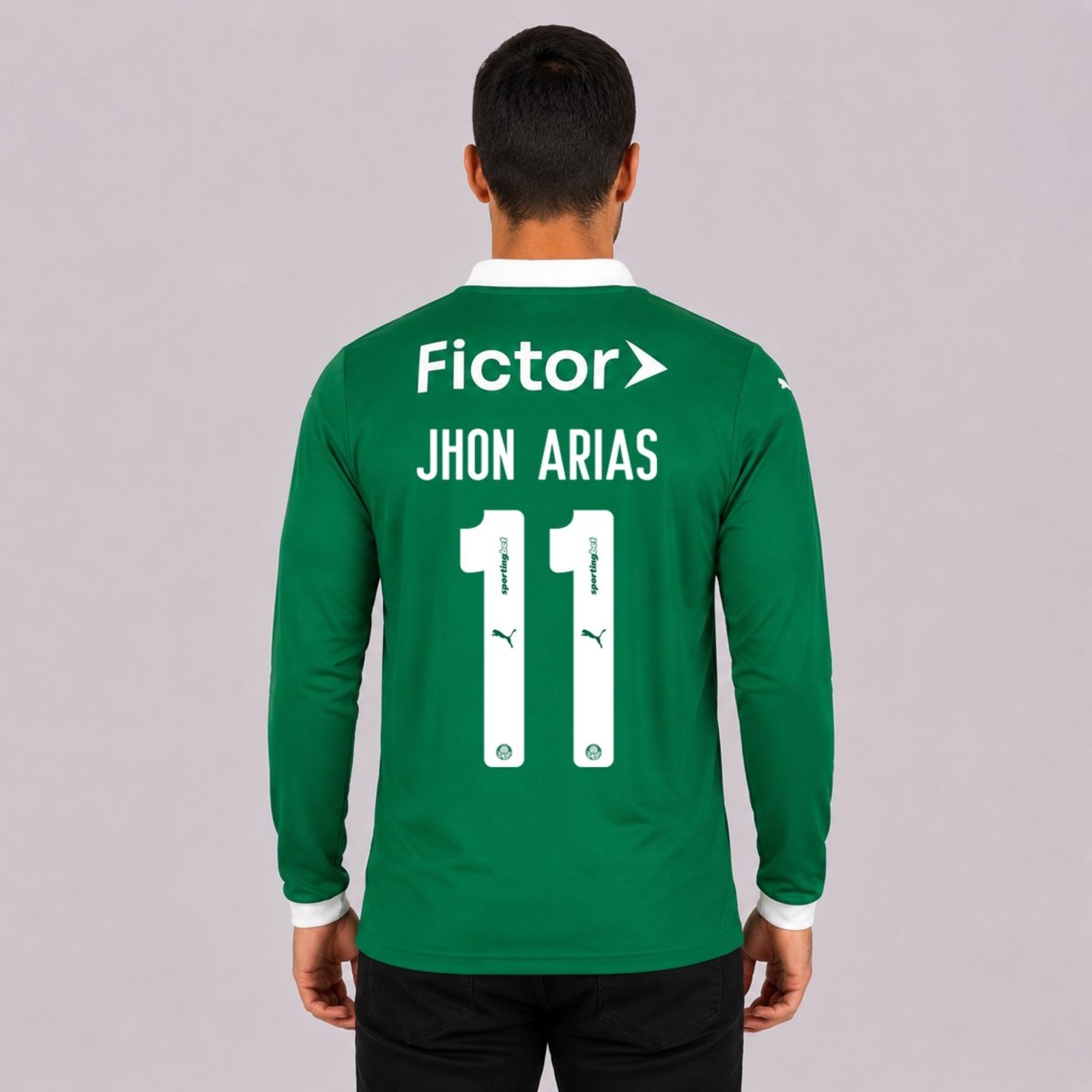 Camisa Puma Palmeiras I 2025 Manga Longa Com Patrocínio Verde 11 Jhon Arias