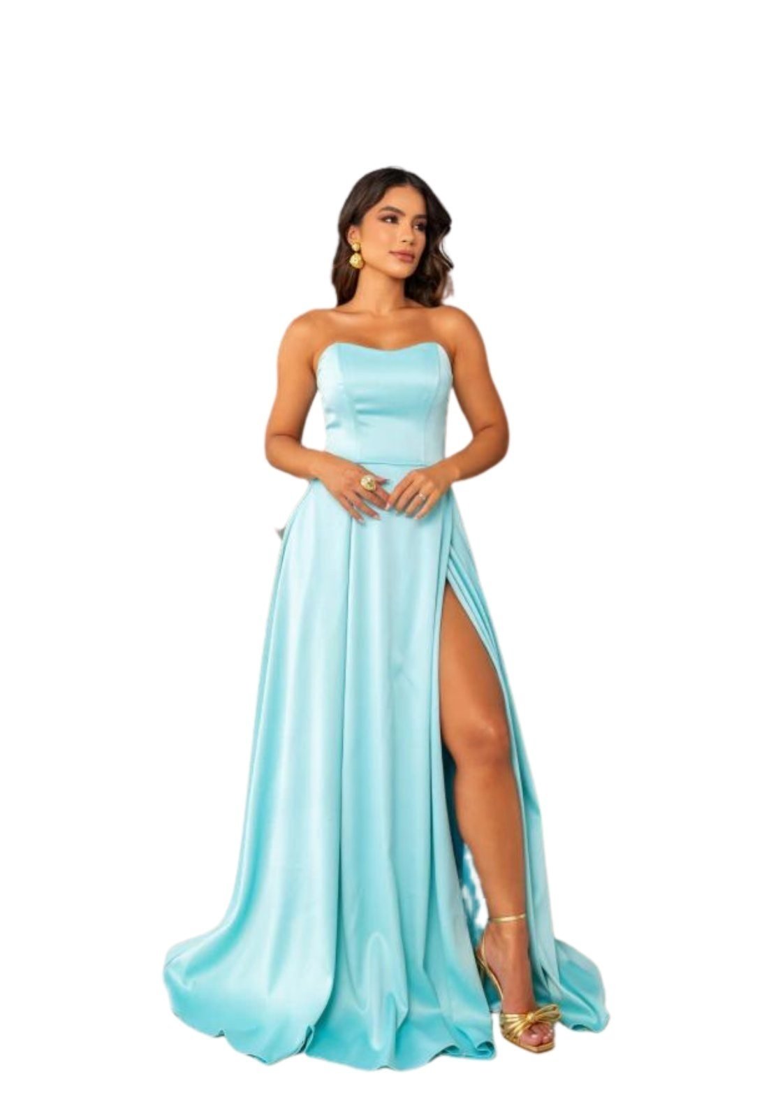 Vestido Longo de Festa Madrinhas Casamento Tomara que Caia Corselete com Fenda Gabriela Verde Tiffany