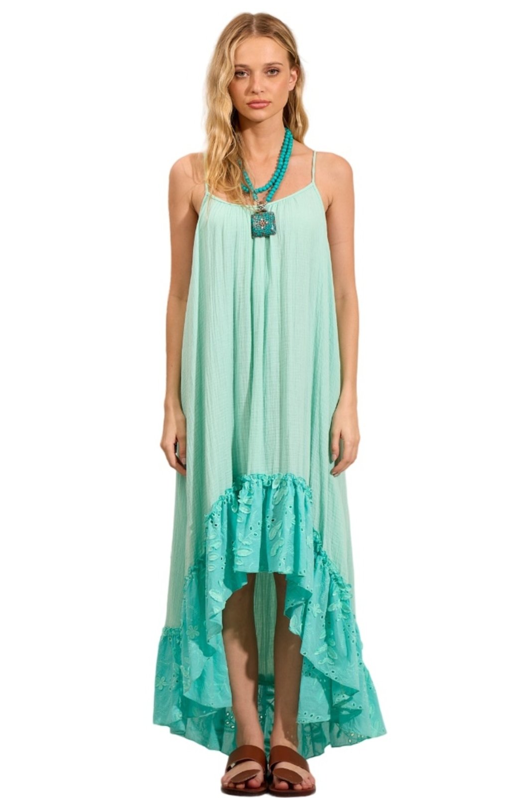 Vestido Mullet De Alças Com Babado Broderie Verde Menta Yacamim C29/30 – Verde
