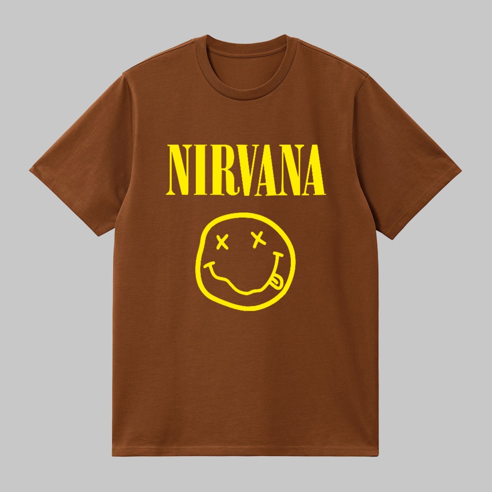 Camiseta Básica Nirvana Smiley Rock Vintage Grunge Unissex Marrom