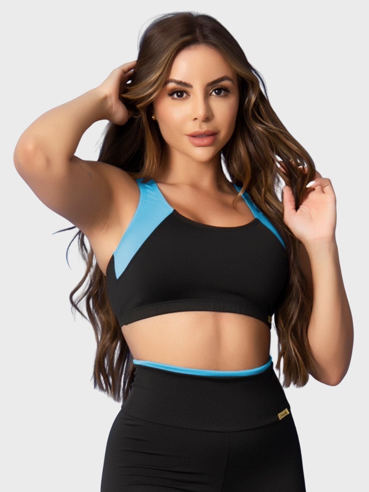 Top Fitness Tarelles Alça Larga Forrado Preto e Azul Céu