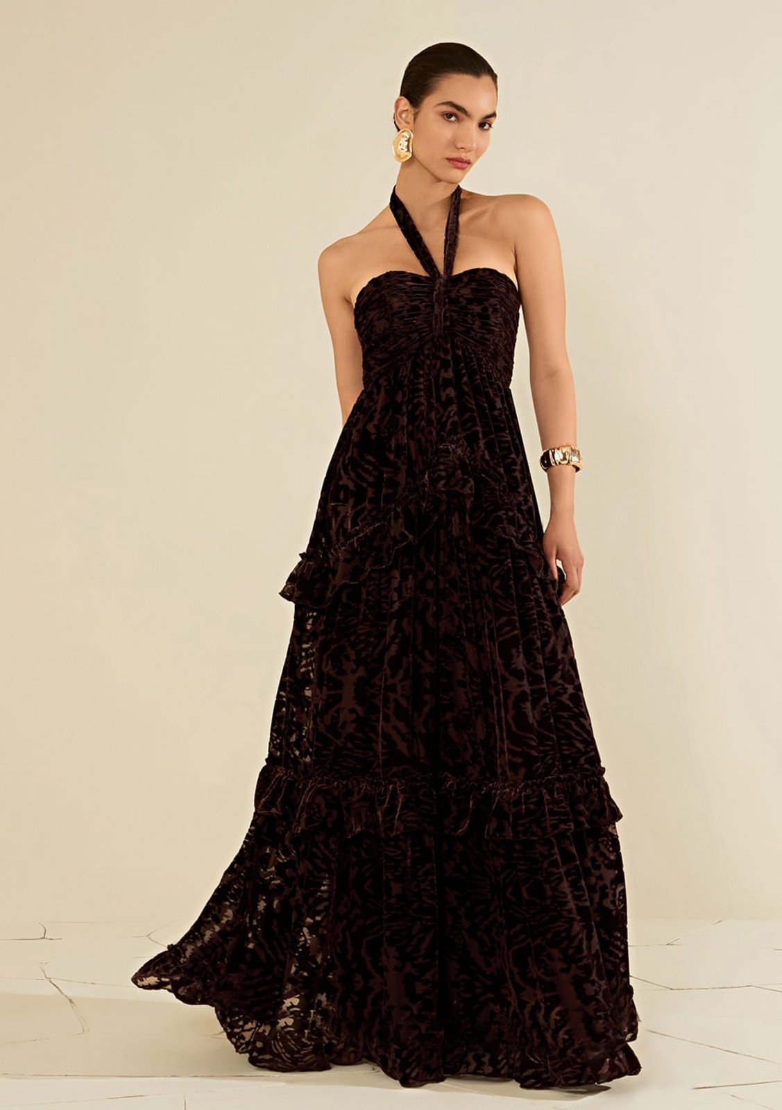 Vestido Morena Rosa Solto Decote Costas Sem Manga Longo Marrom