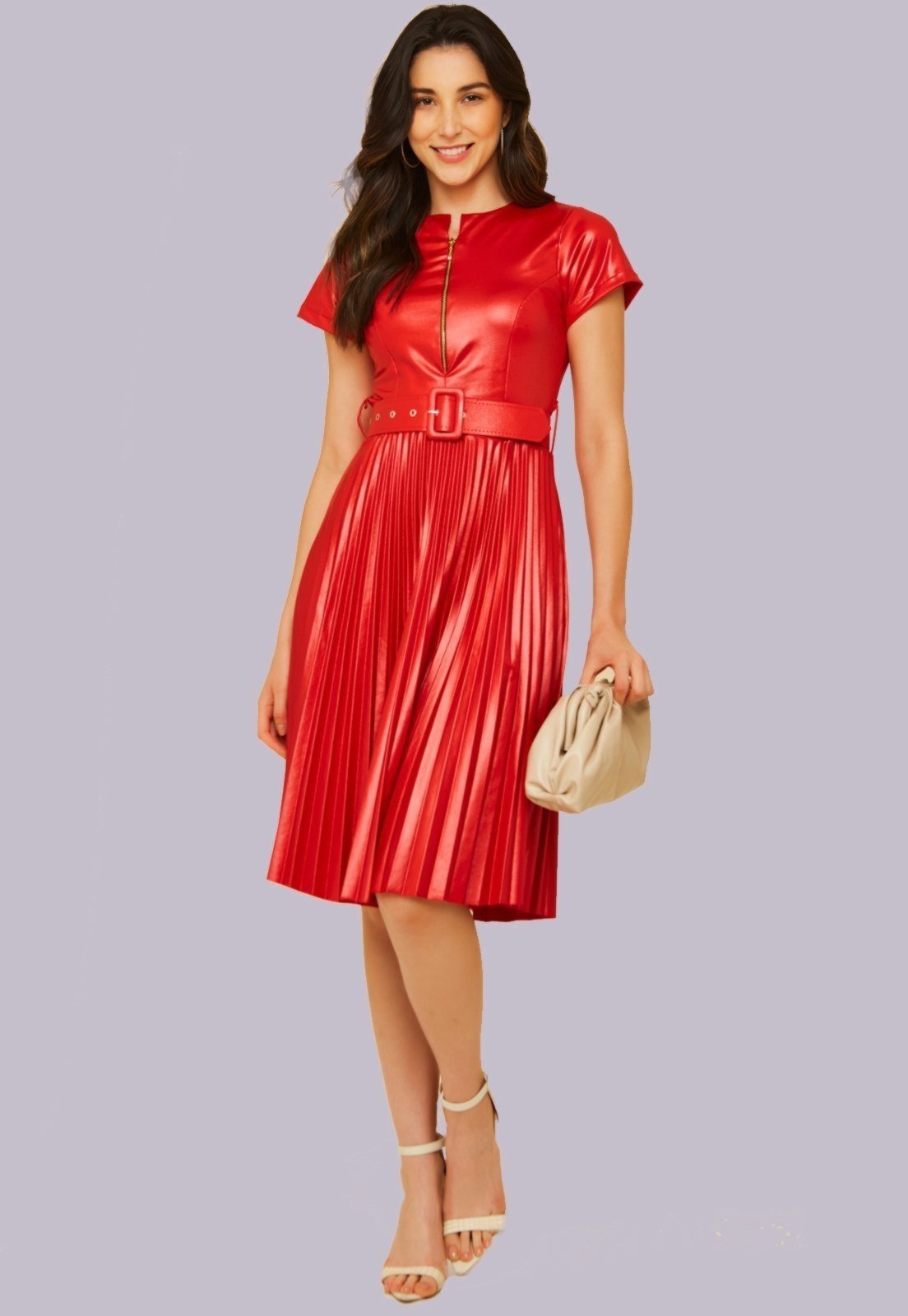 Vestido Cirre Decote zíper Plissado Vermelho Urbania moda feminina