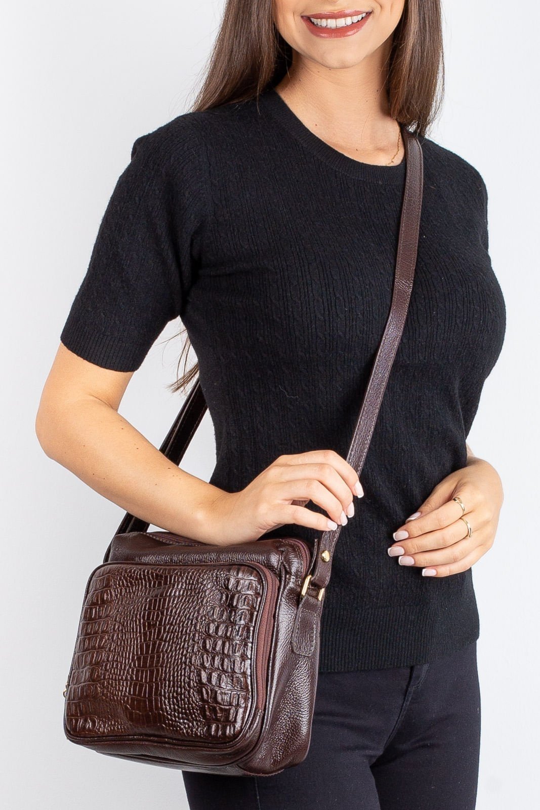 Bolsa de couro croco tiracolo com divisórias Rita - Café