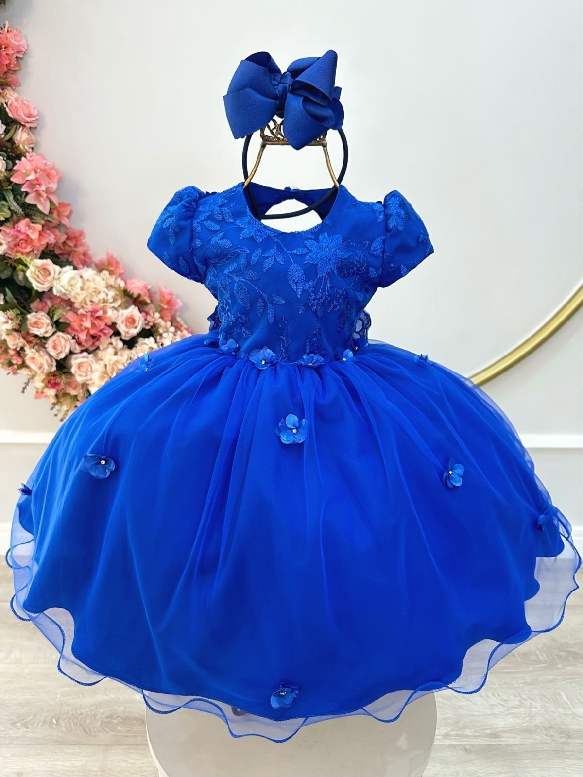Infantil - Vestido Festa Azul Cobalto Royal Jardim Encantado Borboletas Formatura Casamento Princesa Social Rodado Florista Dama Daminha Aniversário Luxo