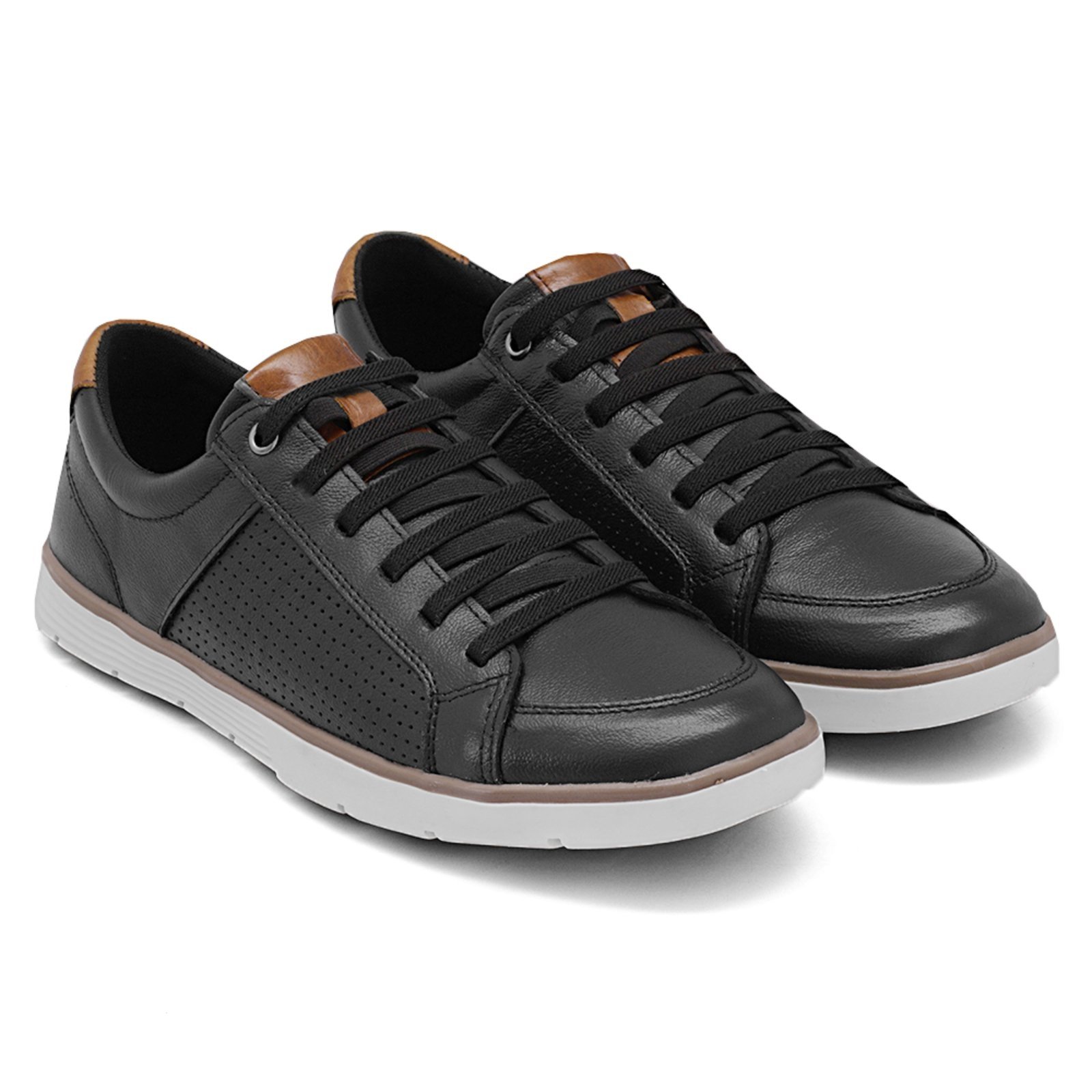 Tênis Sapatênis Casual De Couro Calce Fácil Cadarço Elástico – Preto