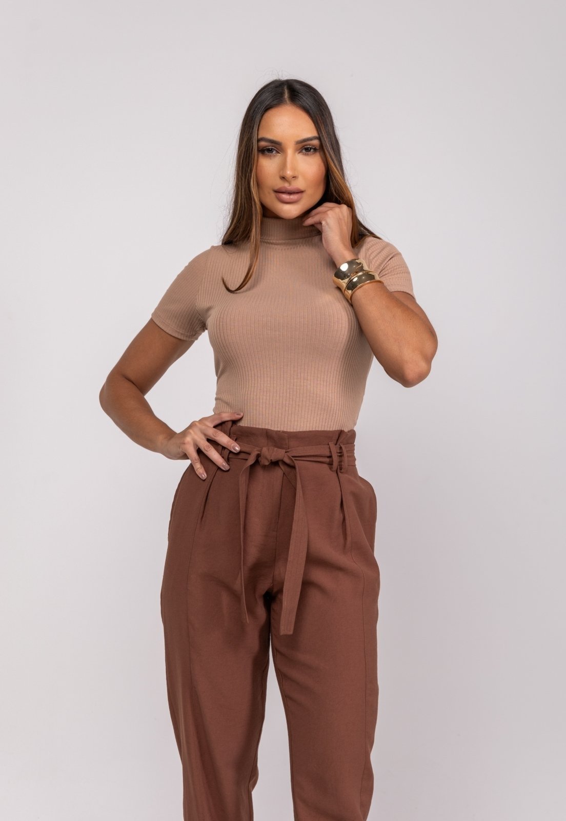 Blusa Gola Alta Malha Canelada Salvatore Fashion Marrom