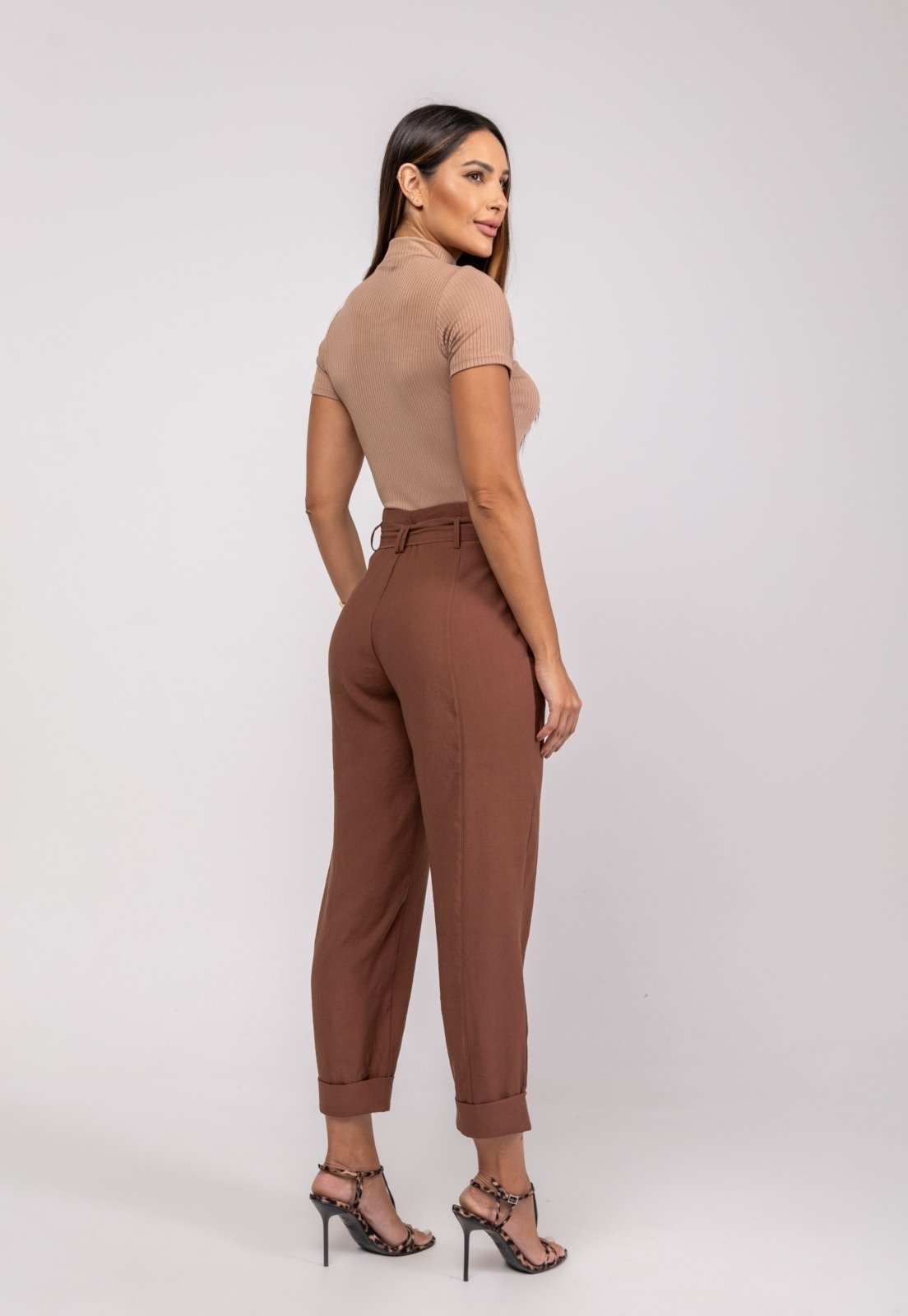 Vista 3 Blusa Gola Alta Malha Canelada Salvatore Fashion marrom Salvatore Fashion marrom