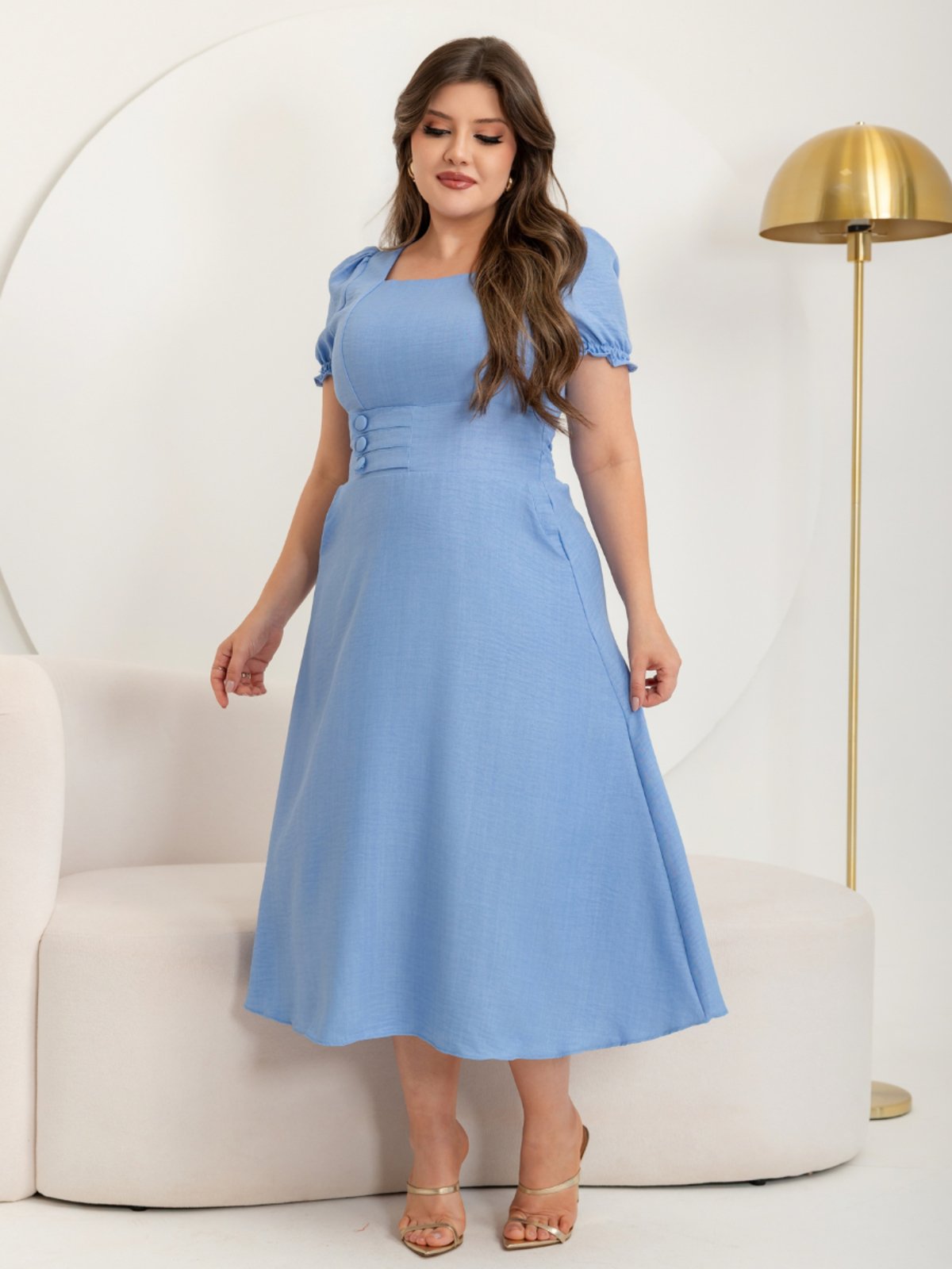 Vestido Midi Elegante Decote Quadrado Casual Manga Curta Bufante Duna Linho Verão Azul