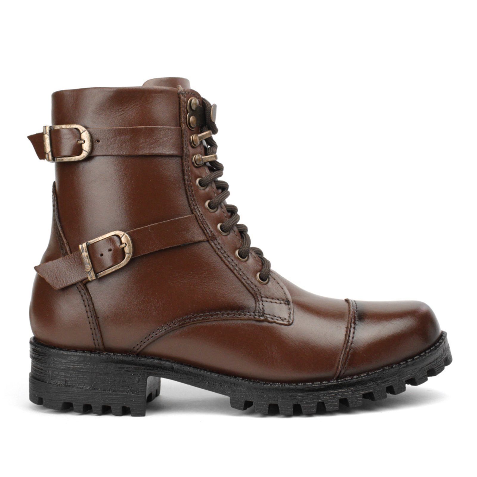 Bota Coturno Militar Couro Feminino Cano Médio Solado Tratorabo Baixo Amarração Casual Pinhão