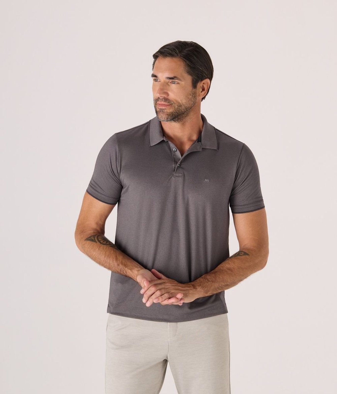 Polo Makenji Manga Curta Premium Com Bordado Masculina Cinza Medio