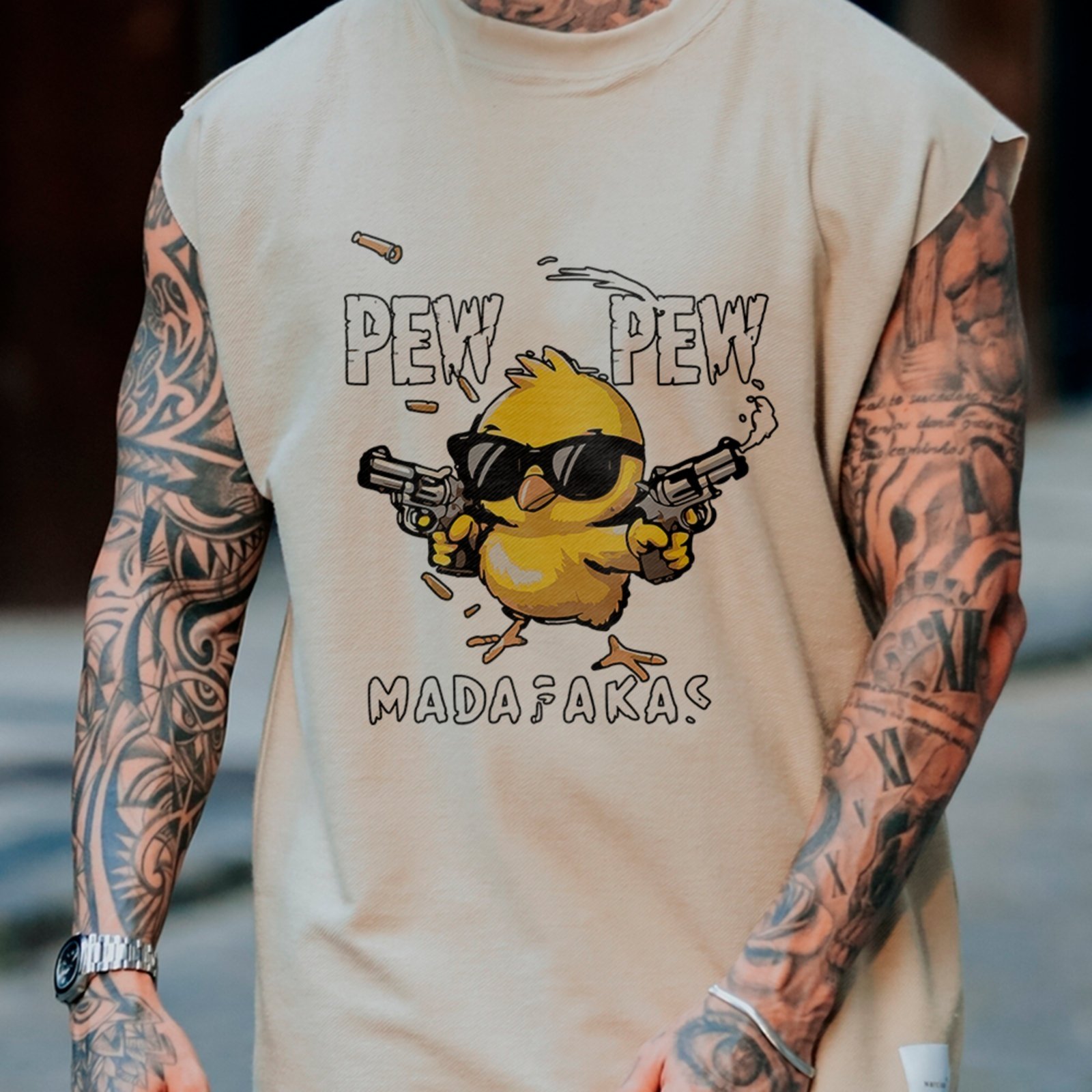 Camiseta Regata Machão Patinho Funny Pew Pew Moda Urbana Hype Off White