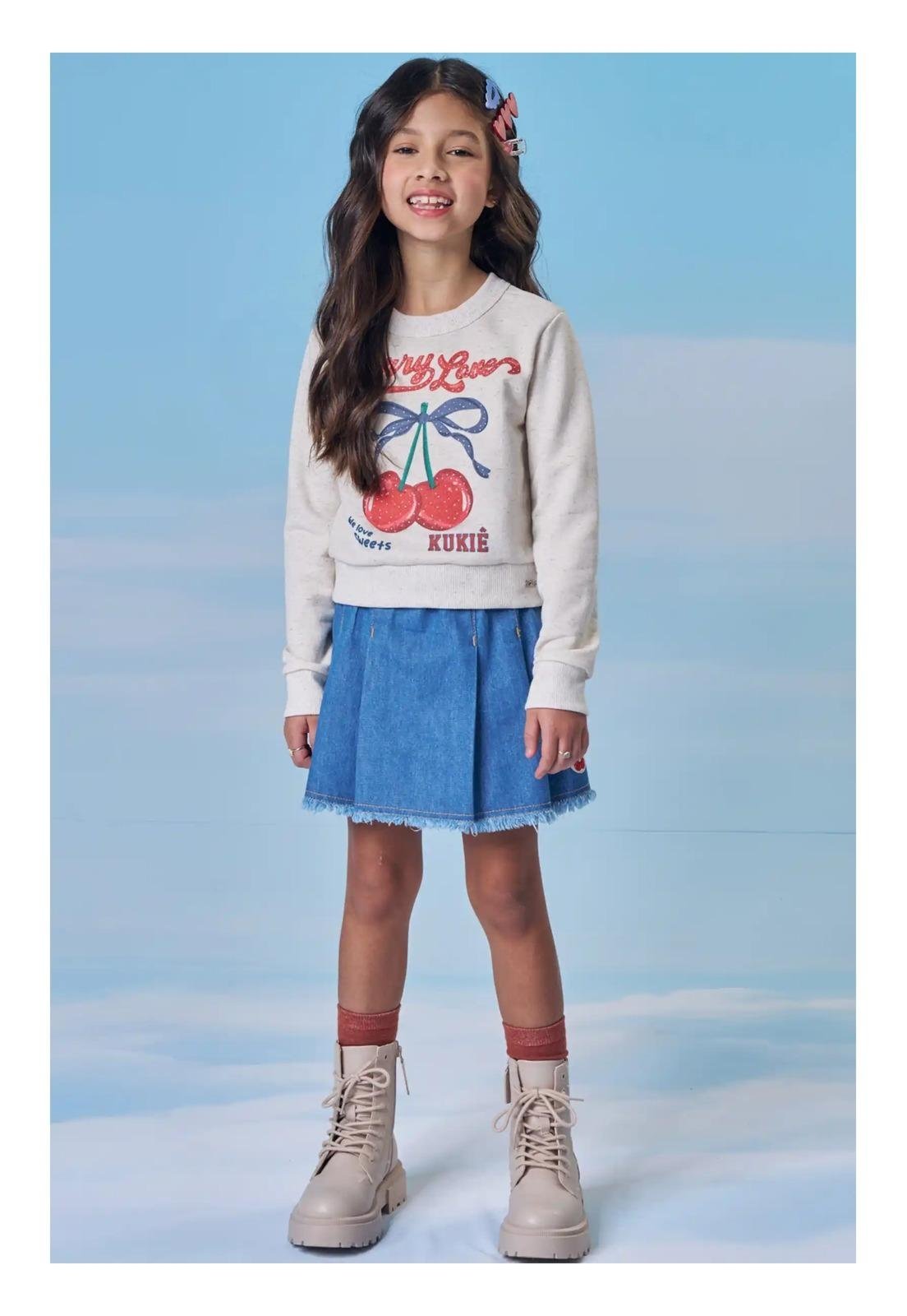 Infantil - Conjunto Saia Jeans Blusão Cereja Kukiê 10 Unico