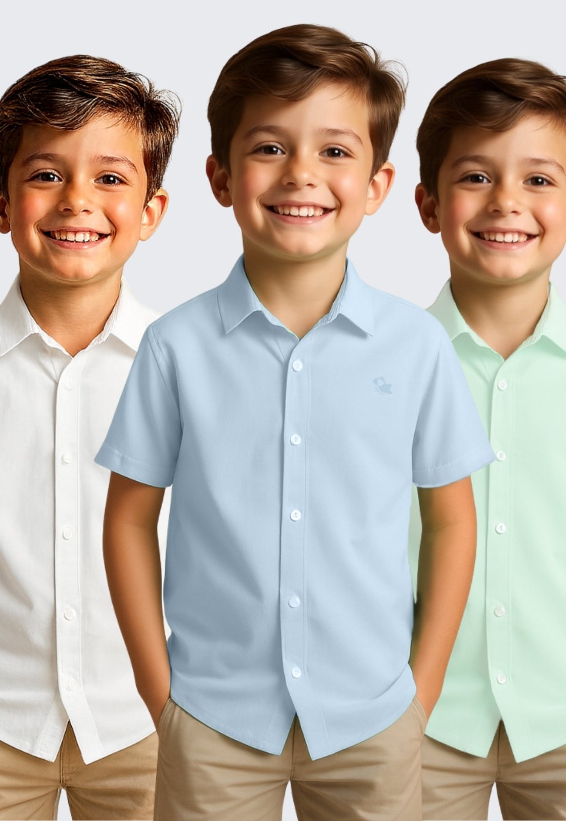 Infantil – Kit 3 Camisa Social Masculina Manga Curta Daze Modas Branco, Azul e Verde