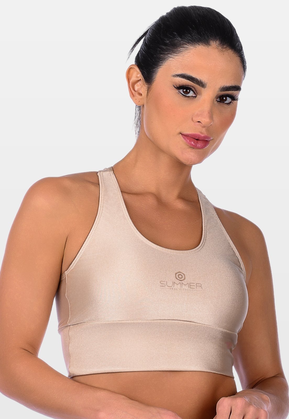 Vista 2 Top Nadador Fitness Cós Largo Cirrê Summer Soul Bojo Removível bege Summer Soul bege