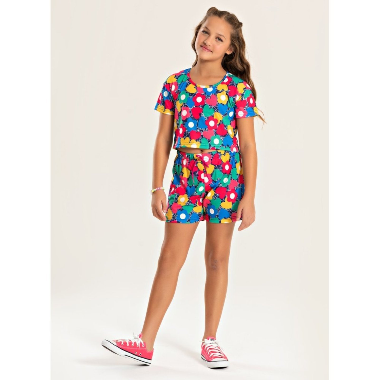 Infantil – Conjunto Verão Menina Marinho Cropped e Shorts com Cadarço