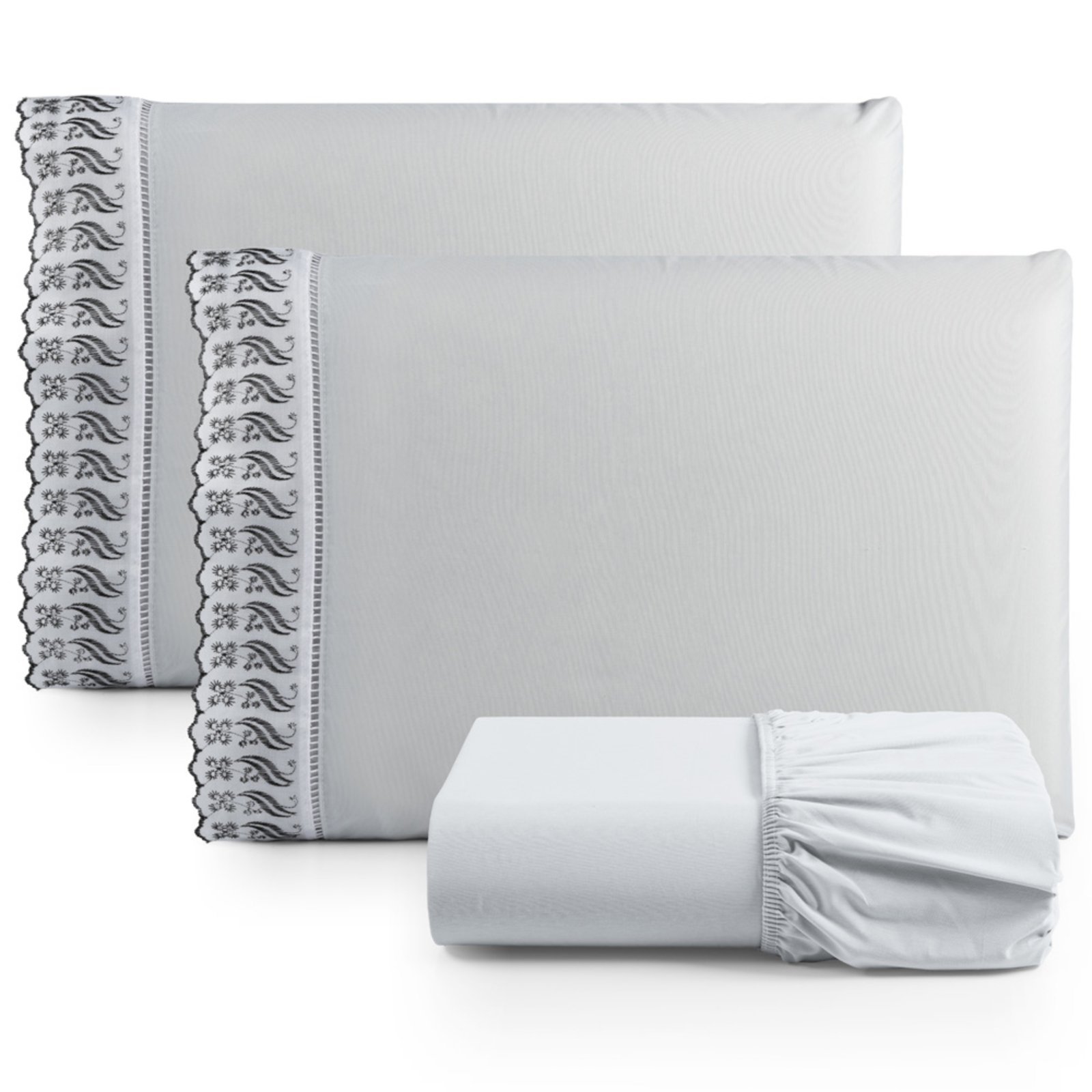Jogo Cama Lençol Casa Scarpa Paris King Percal 180 Fios Algodão Lese Bordada 3 Peças - Cinza
