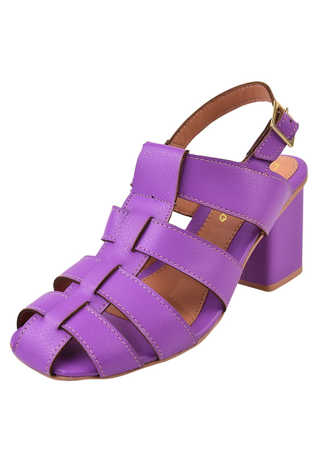 Sandália Salto Grosso Rosa Chic Calçados Feminino Salto Baixo Bloco Bonnie Fisherman Bico Quadrado Roxo