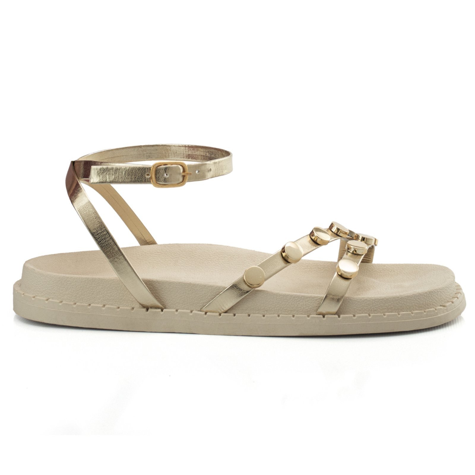 Sandália Feminina Papete Flatform Enfeite Metal Tiras Macia Resistente Dourado