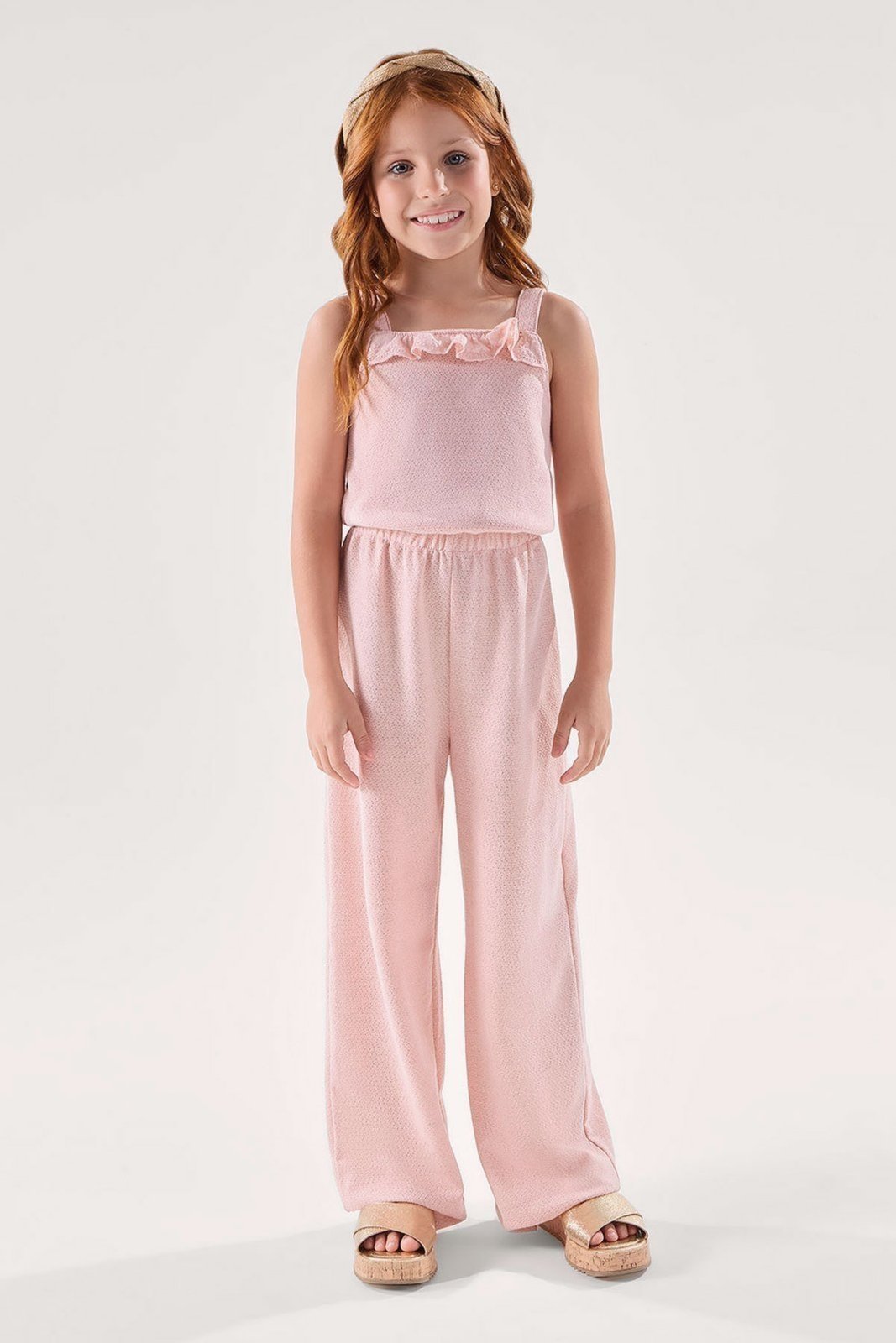 Infantil - Macacão Rosa em Malha com Textura e Renda Italiana