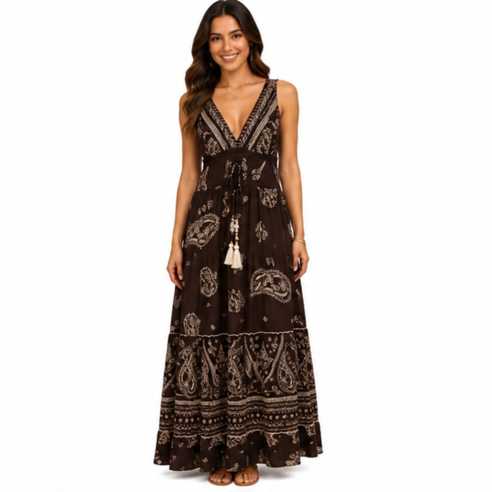 Vestido Longo Feminino Indiano em Viscose Estampado com Lastex Marrom