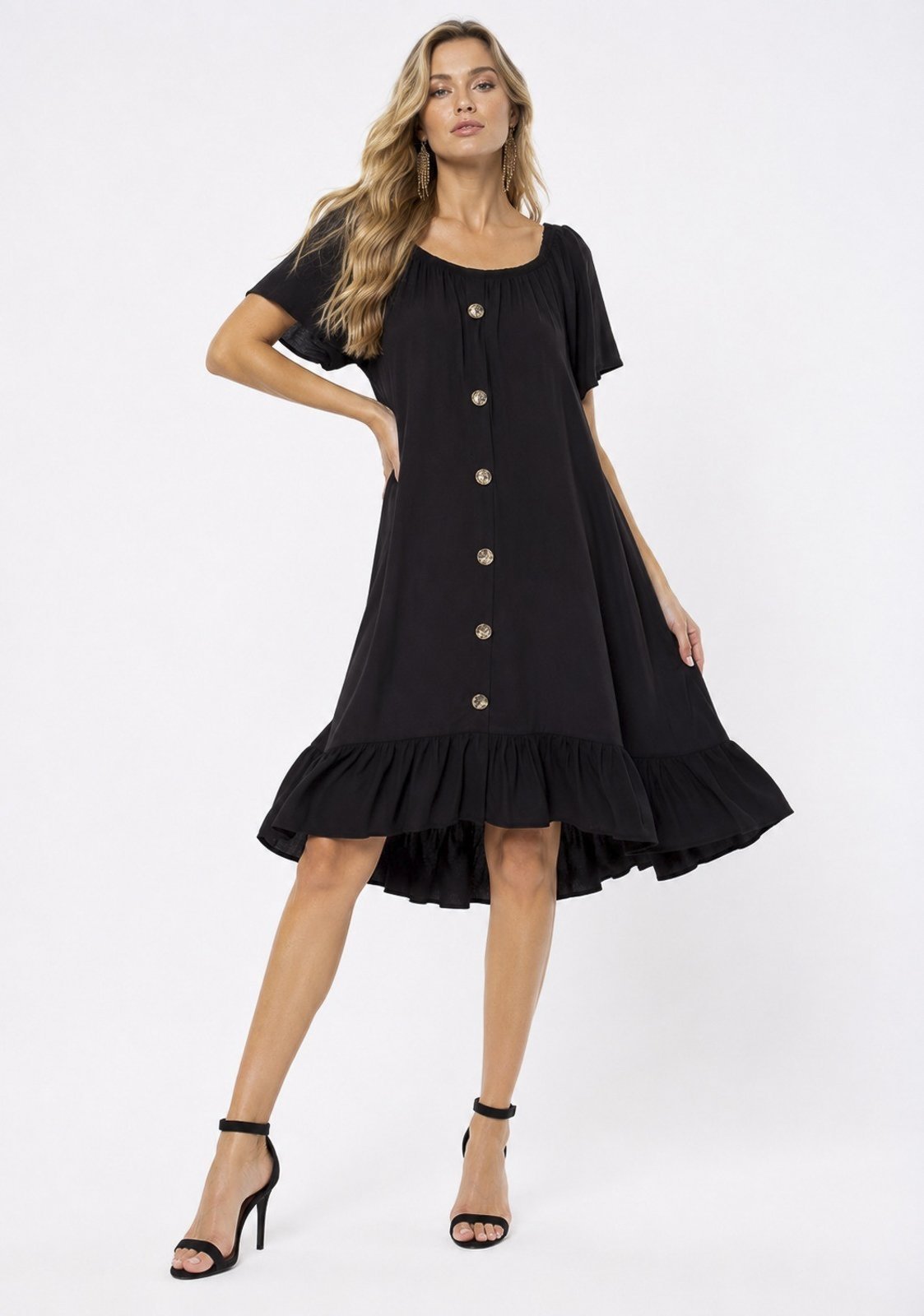 Vestido Curto Cabanafree Viscose Mullet Com Botao Ombro a Ombro Amplo Preto