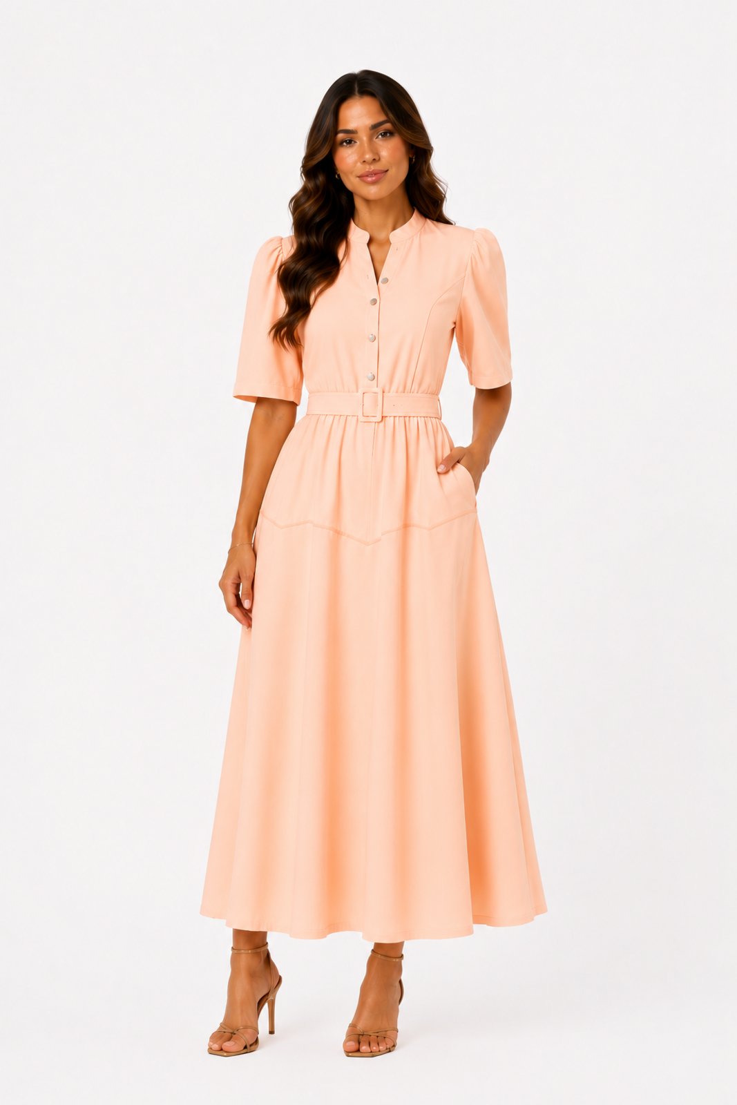 Vestido Midi D Bell Outlet Fashion Com Botões Laranja Claro
