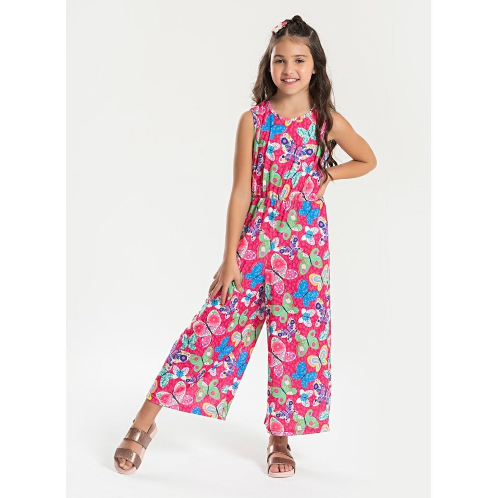 Infantil – Macacão Pantacourt Verão Menina Pink com Amarração nas Costas Borboletas