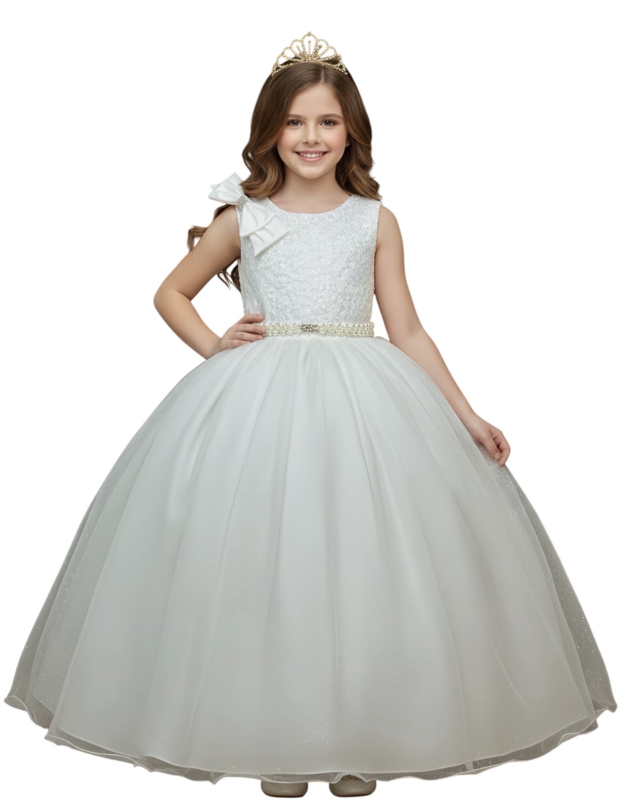 Infantil - Vestido Longo Festa Formatura Branco Off White Marfim Creme Renda Brilho Casamento Dama Daminha Social Menina Juvenil Juvenil Princesa Rodado Aniversário Luxo