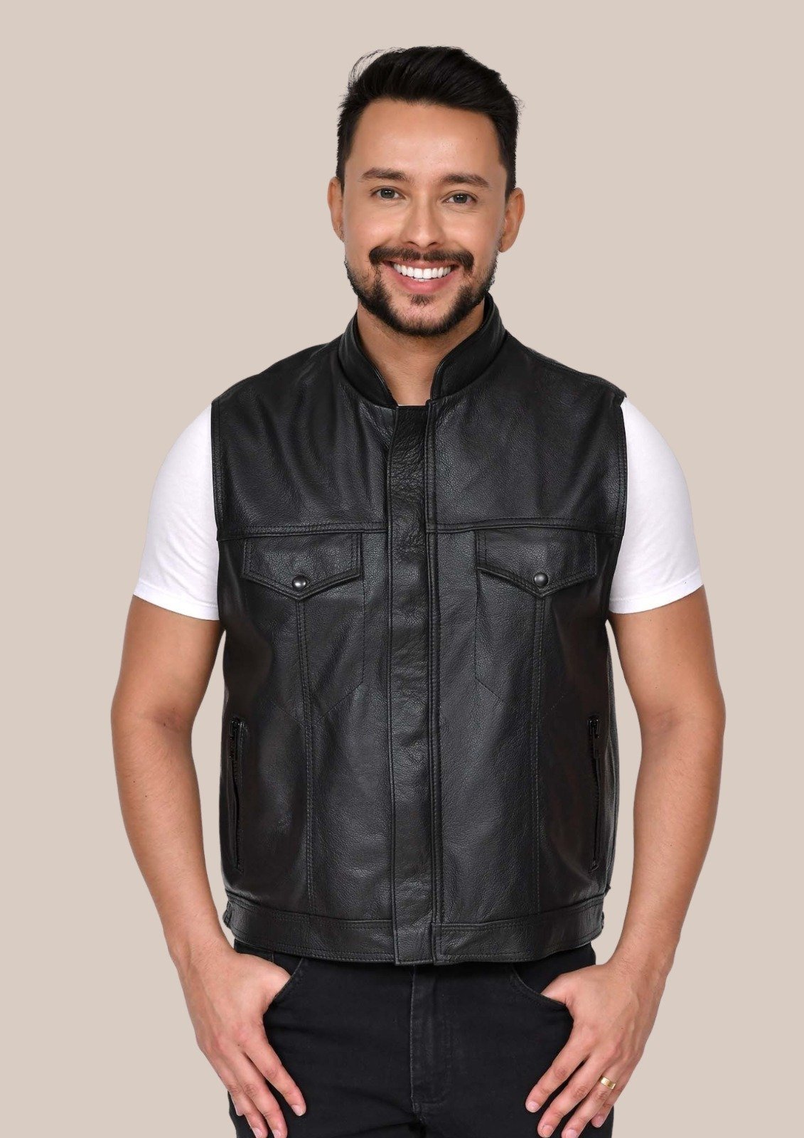 Colete de Couro Anarchy Preto com zíper preto