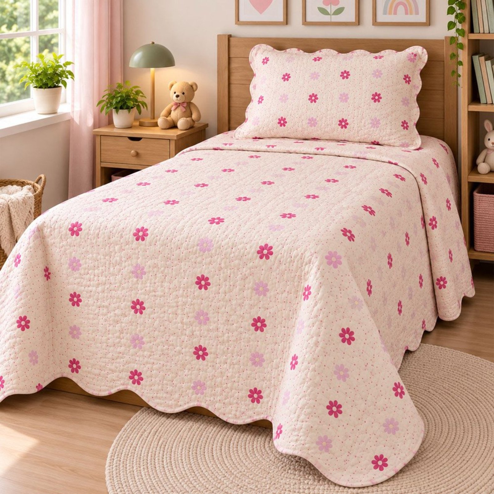 Cobre Leito Colcha Solteiro Mymosa Dupla 02 Peças - Floral Rosa
