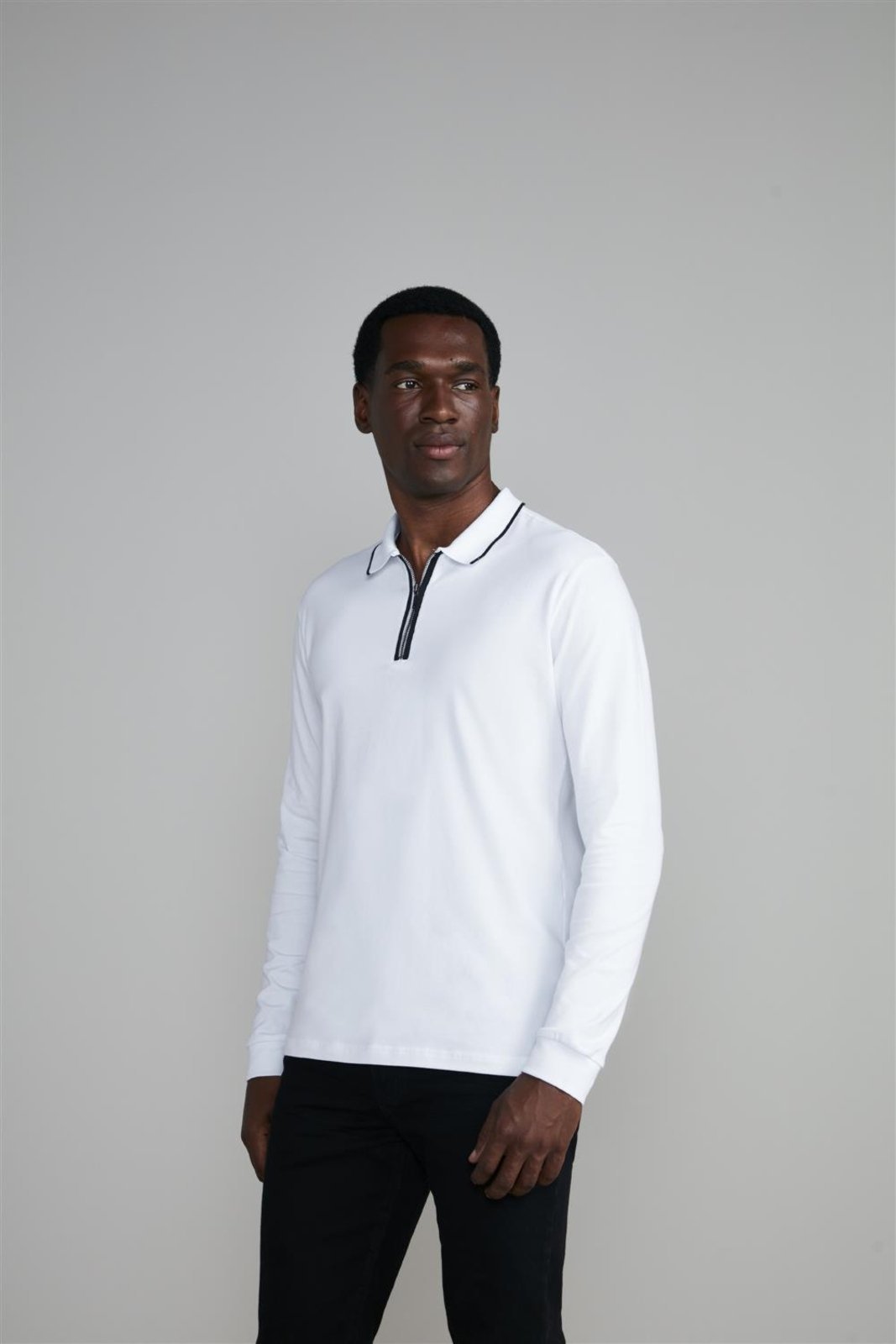 HIGHSTIL Camisa Polo Manga Longa com Zíper Malha Slim Fit - Branco